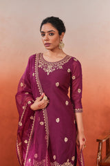 Bani - Wine Chanderi Embroidered Suit Set