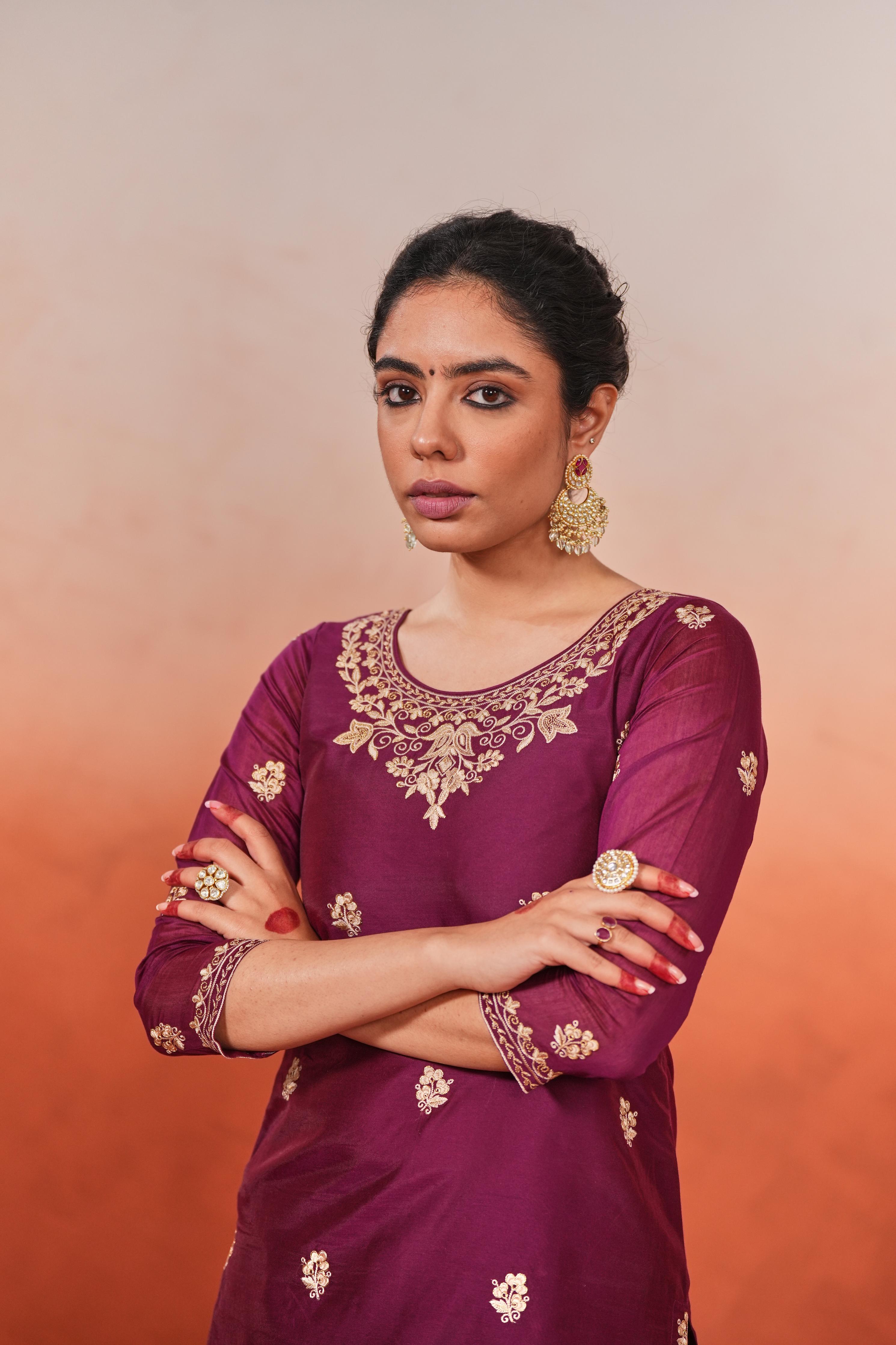 Bani - Wine Chanderi Embroidered Suit Set