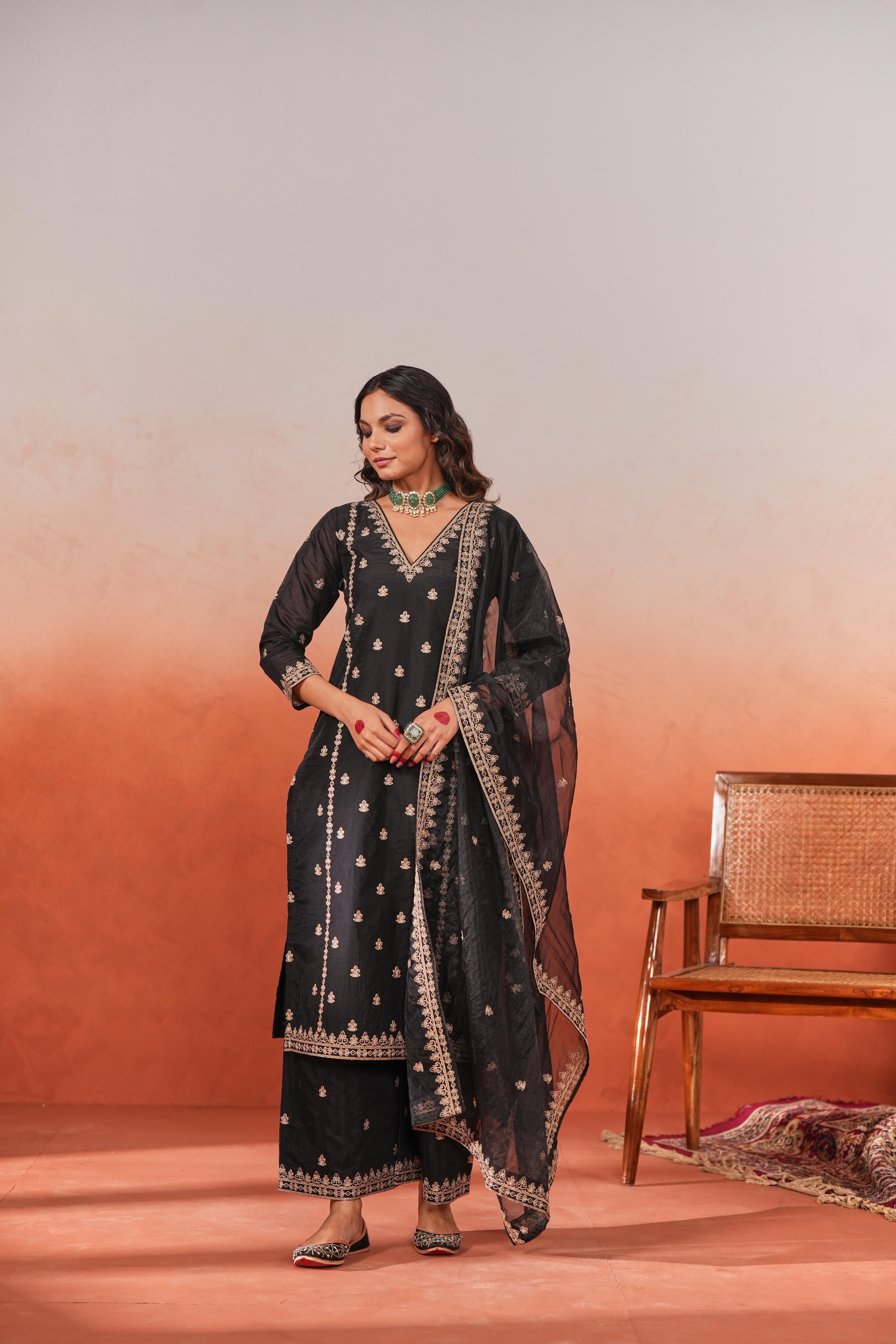 Fannah - Black Chanderi Embroidered Suit Set