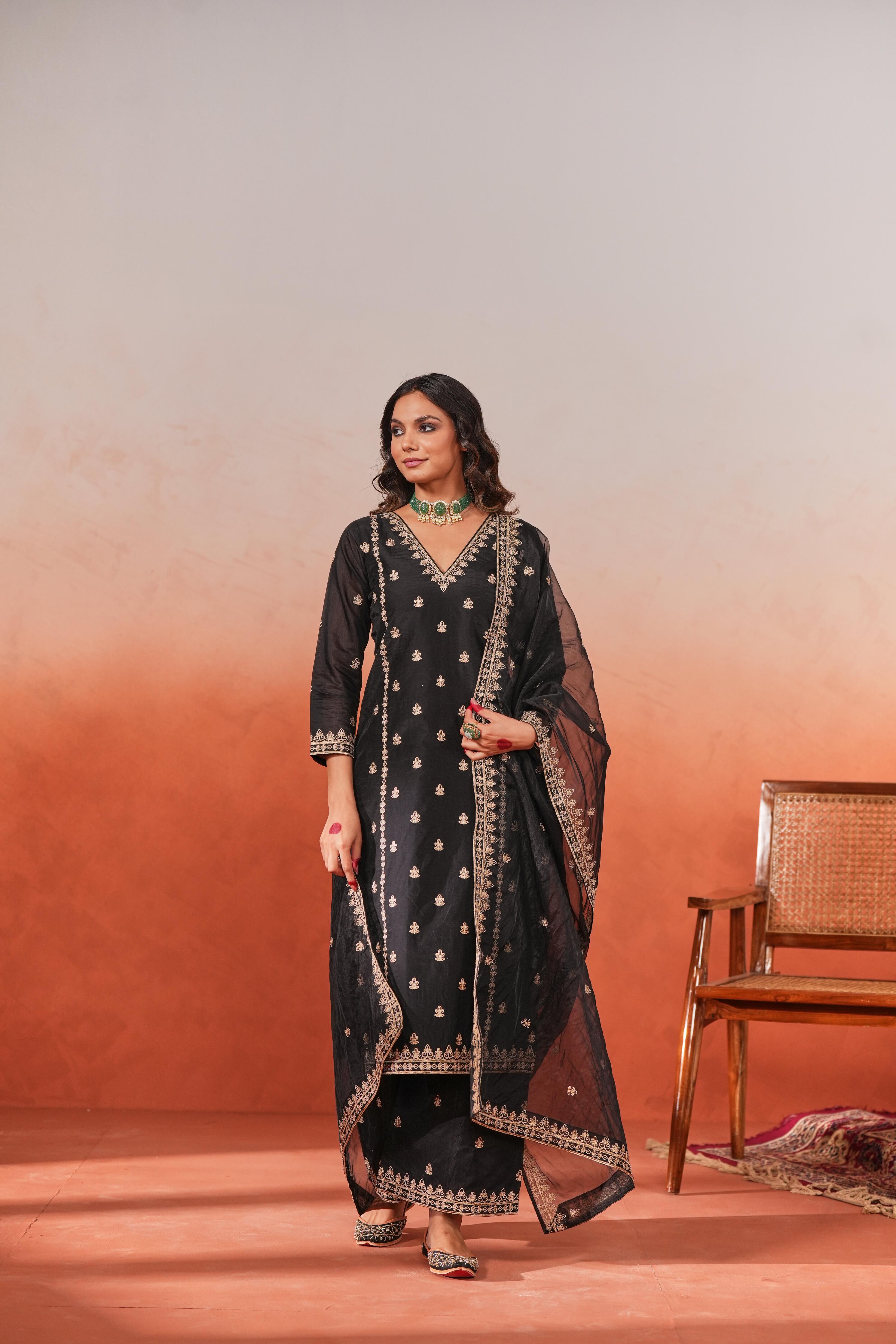 Bhavdeep Kaur in Fannah - Black Chanderi Embroidered Suit Set