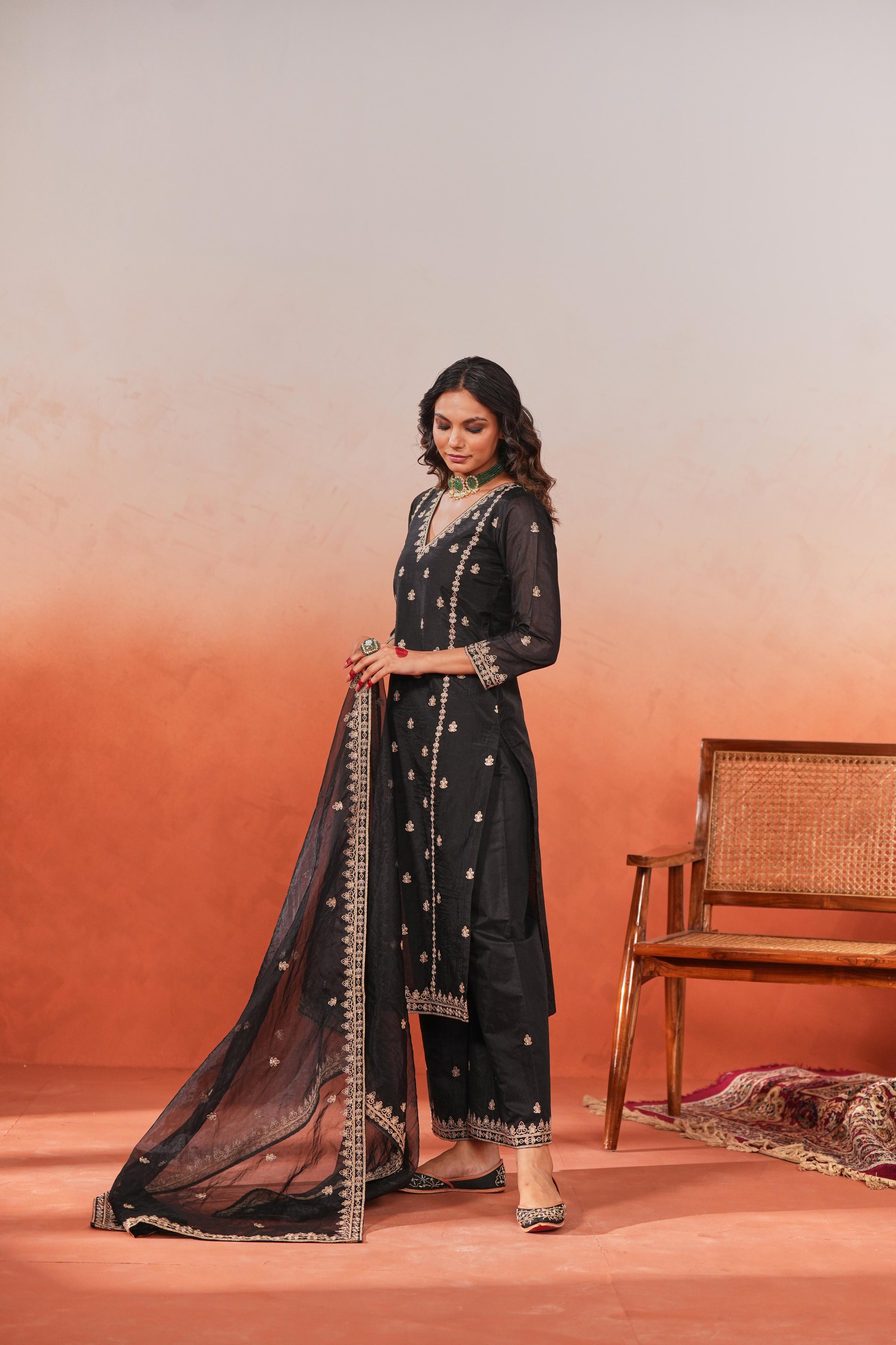 Fannah - Black Chanderi Embroidered Suit Set