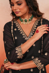 Simran Sethi in Fannah - Black Chanderi Embroidered Suit Set