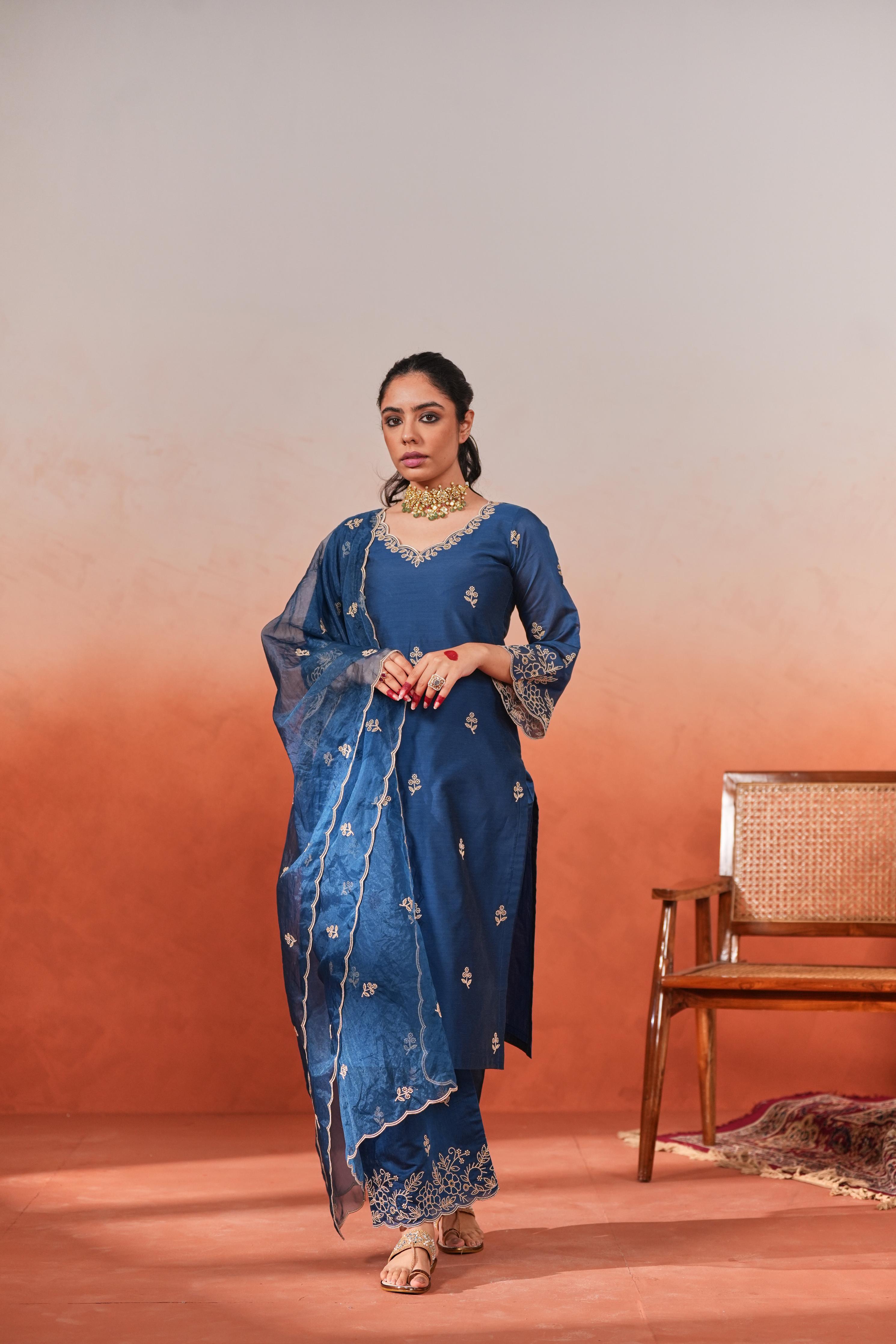 Shreyashi Verma in Firoz - Blue Chanderi Embroidered Suit Set