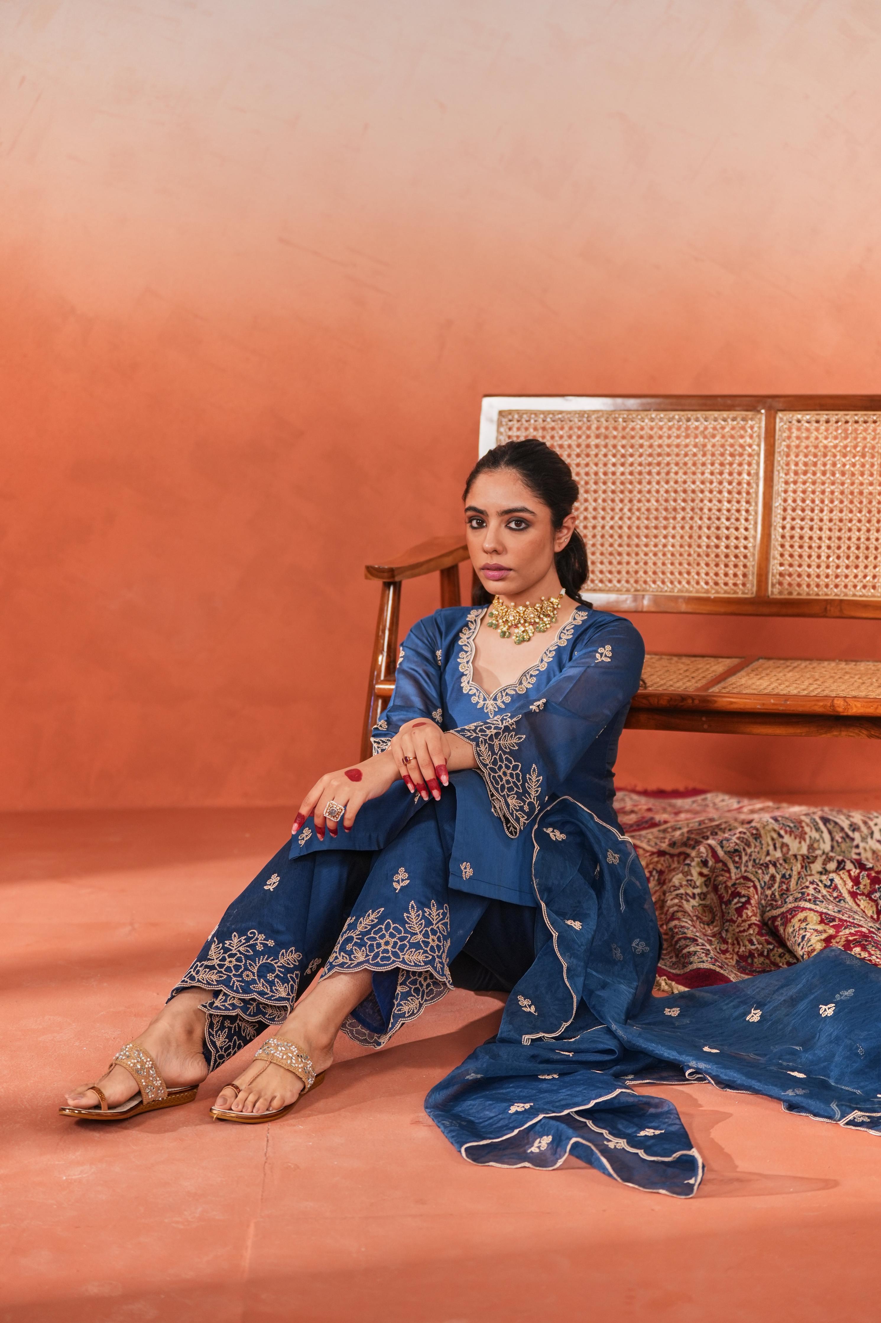 Shreyashi Verma in Firoz - Blue Chanderi Embroidered Suit Set