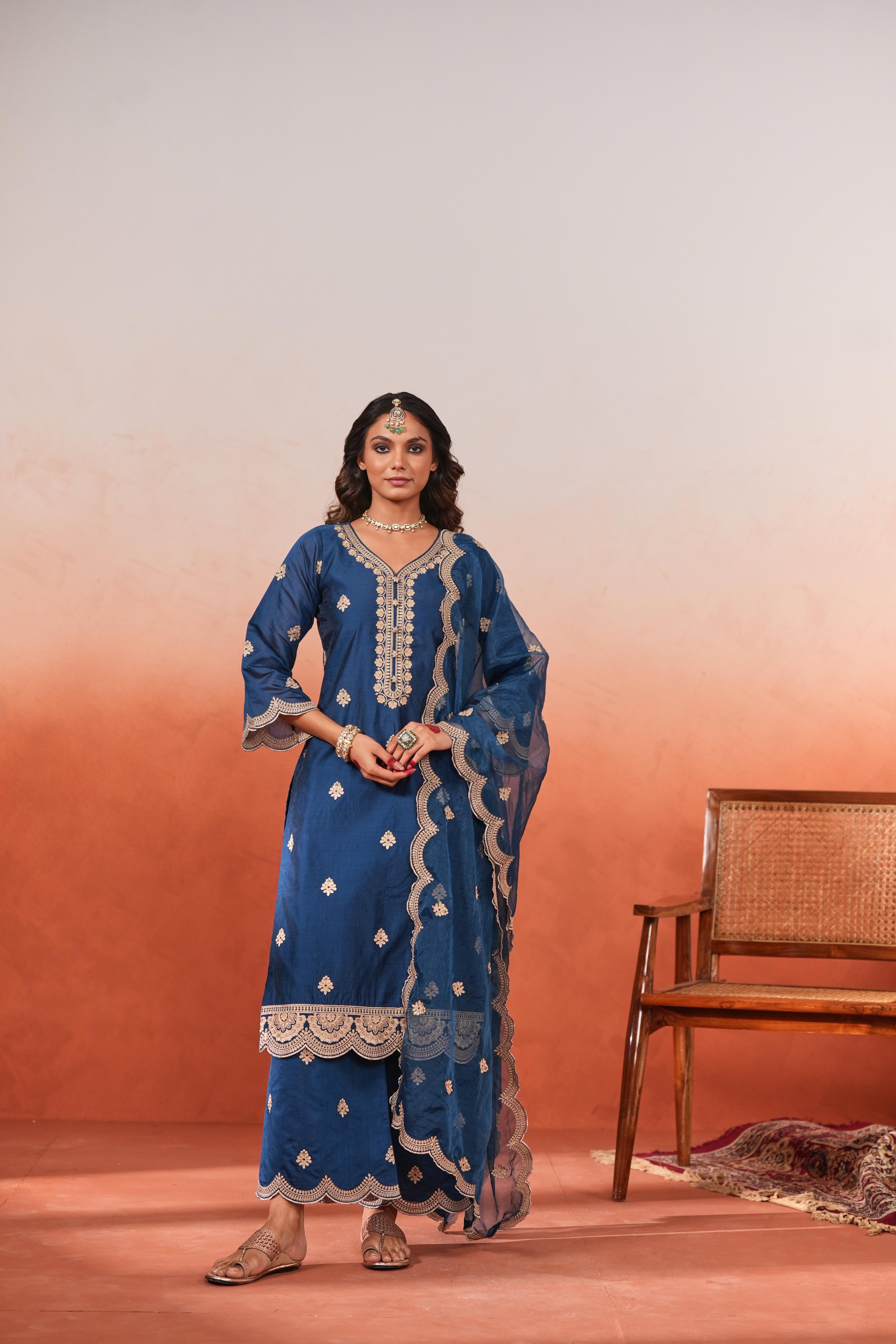 Parisa Barkzi in Gul- Blue Embroidered Chanderi Suit Set