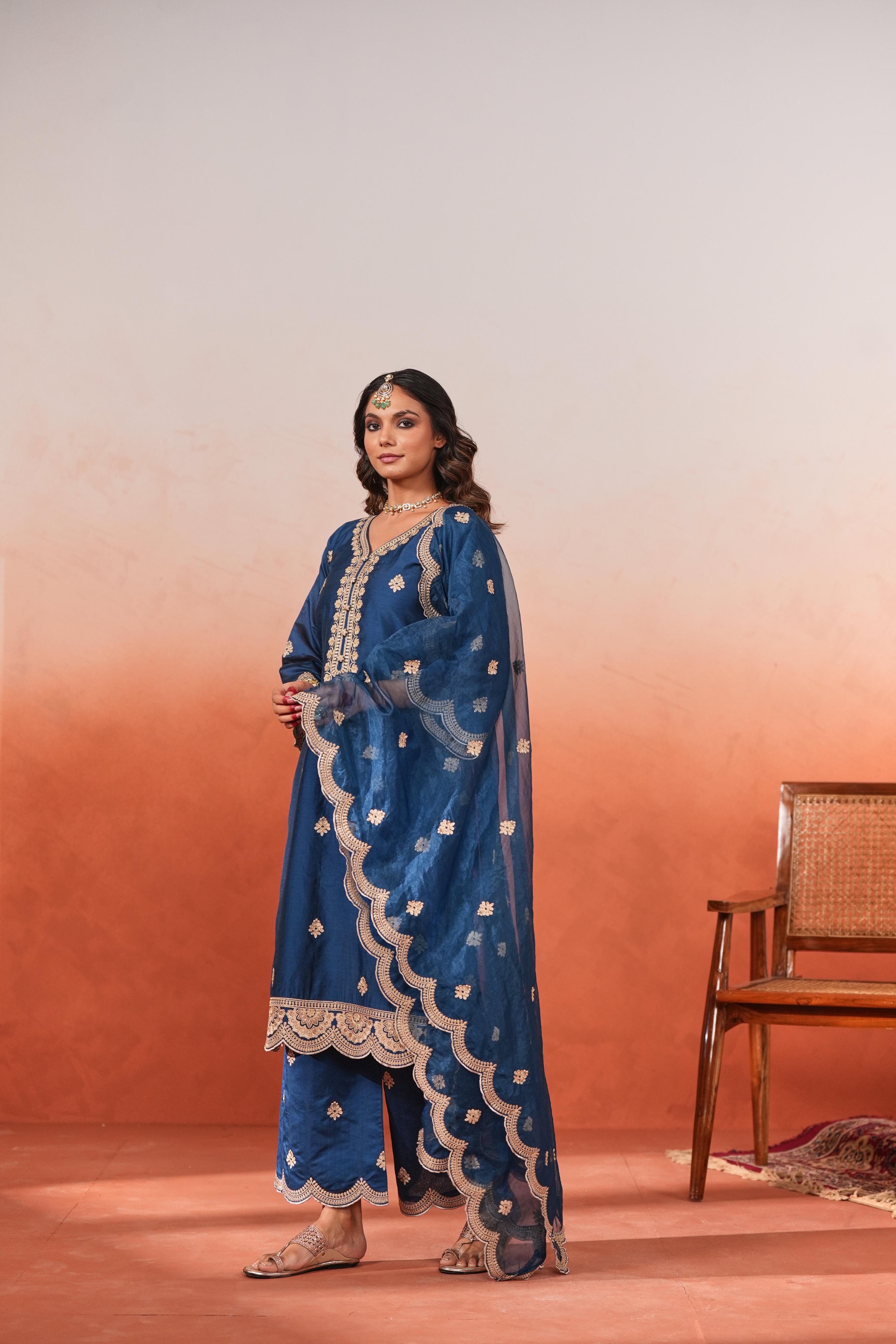 Parisa Barkzi in Gul- Blue Embroidered Chanderi Suit Set