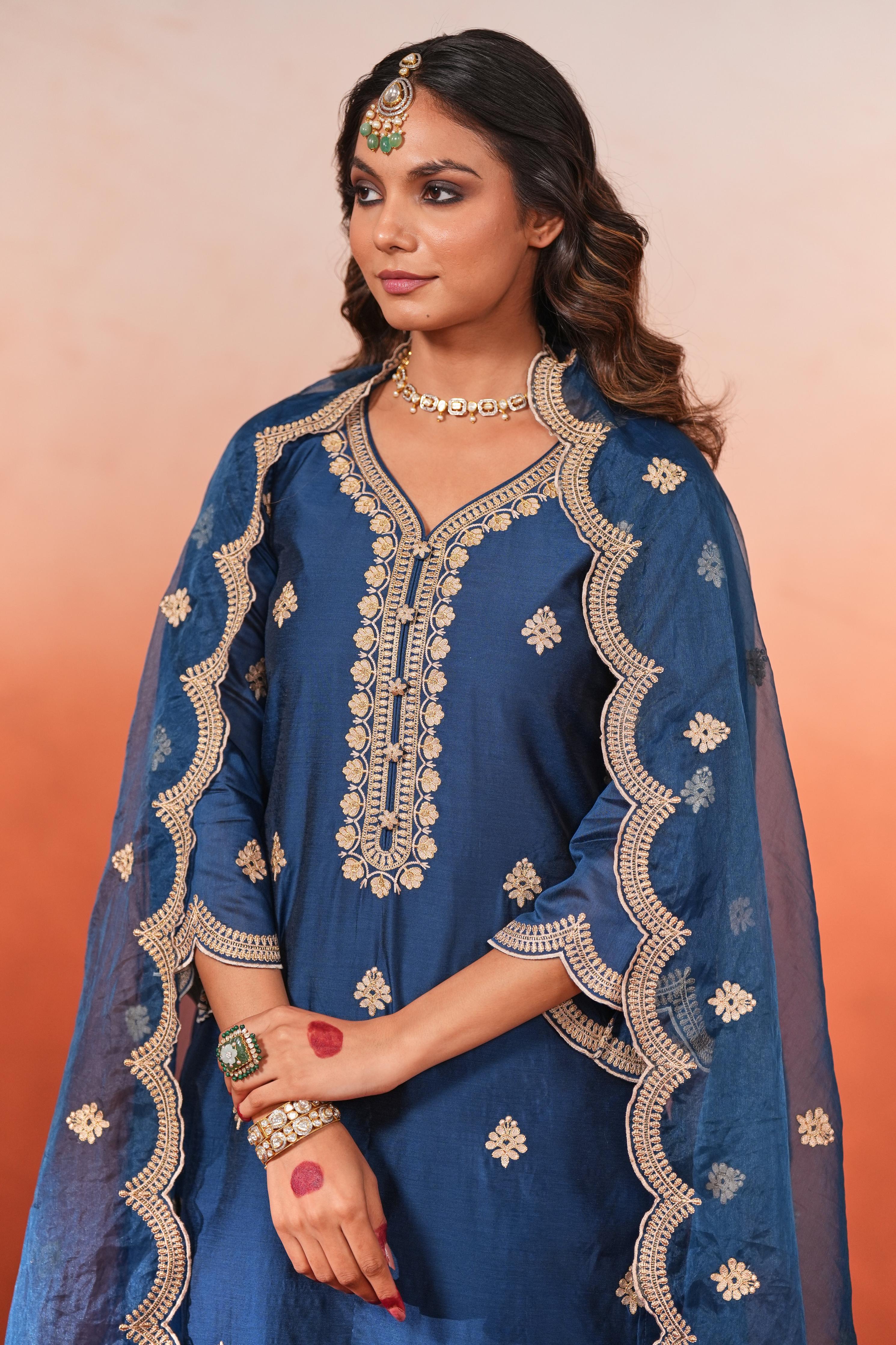 Parisa Barkzi in Gul- Blue Embroidered Chanderi Suit Set