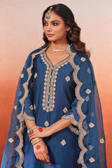 Parisa Barkzi in Gul- Blue Embroidered Chanderi Suit Set