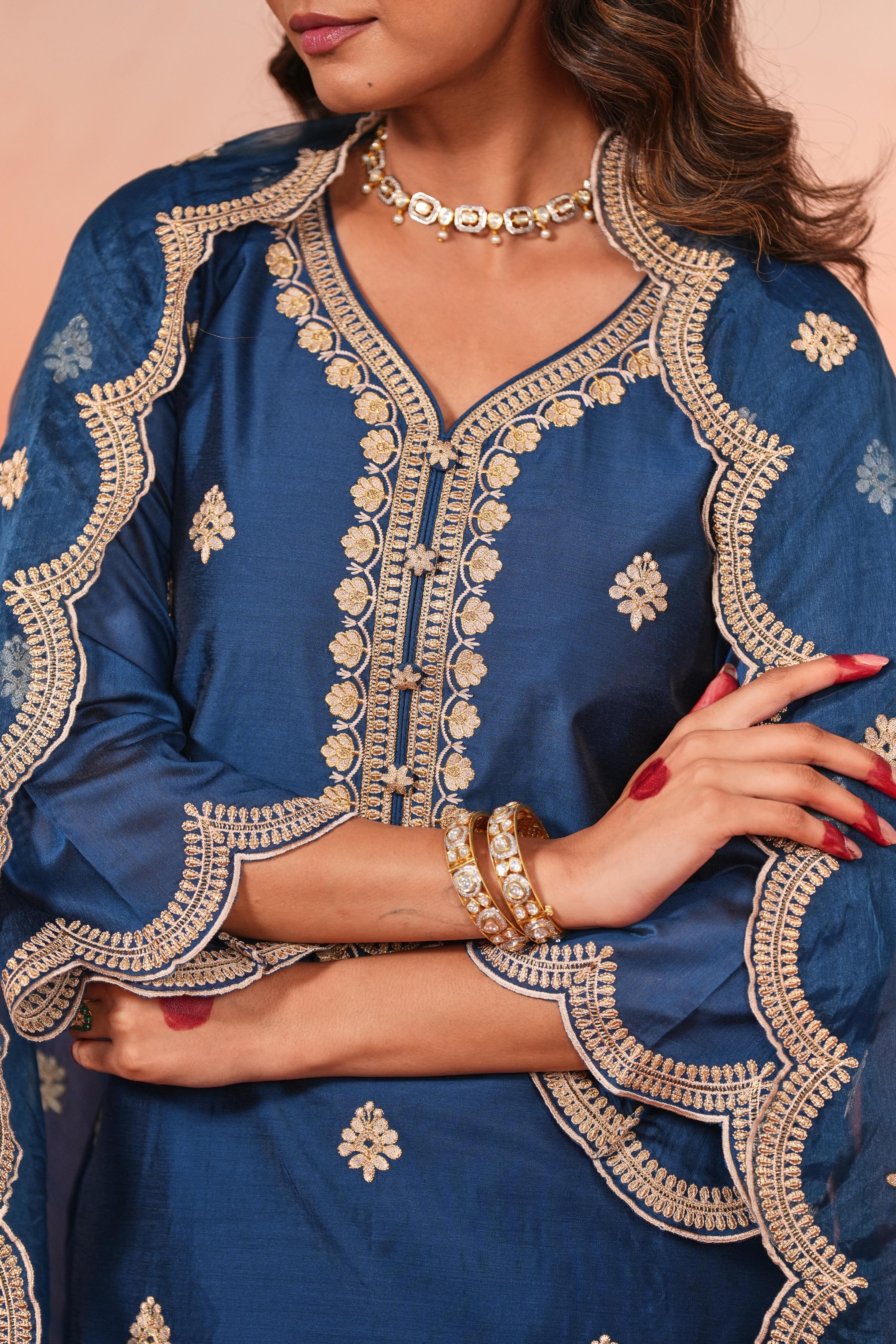 Gul- Blue Embroidered Chanderi Suit Set