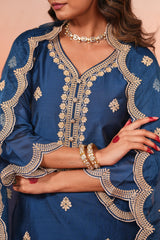 Gul- Blue Embroidered Chanderi Suit Set