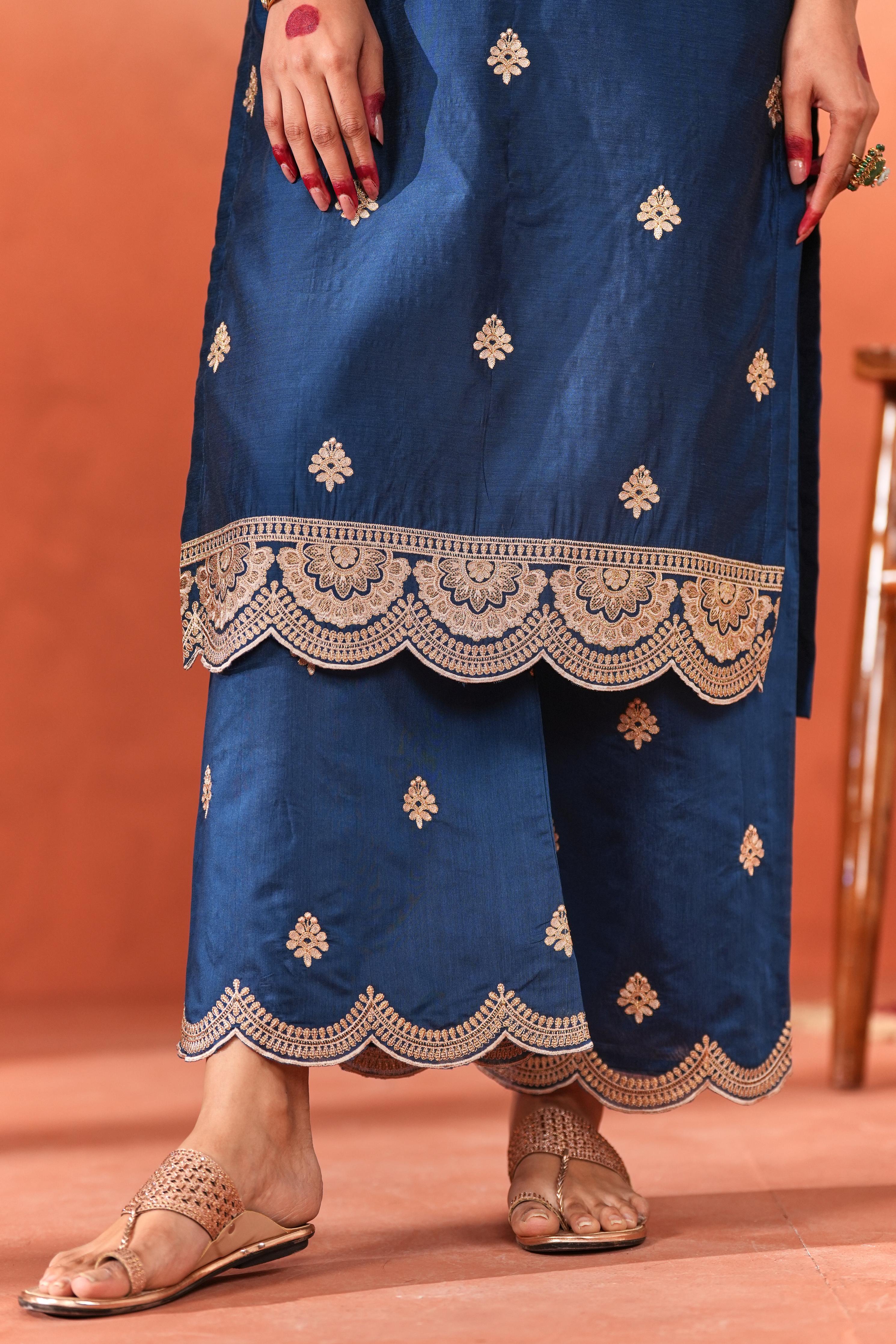 Parisa Barkzi in Gul- Blue Embroidered Chanderi Suit Set