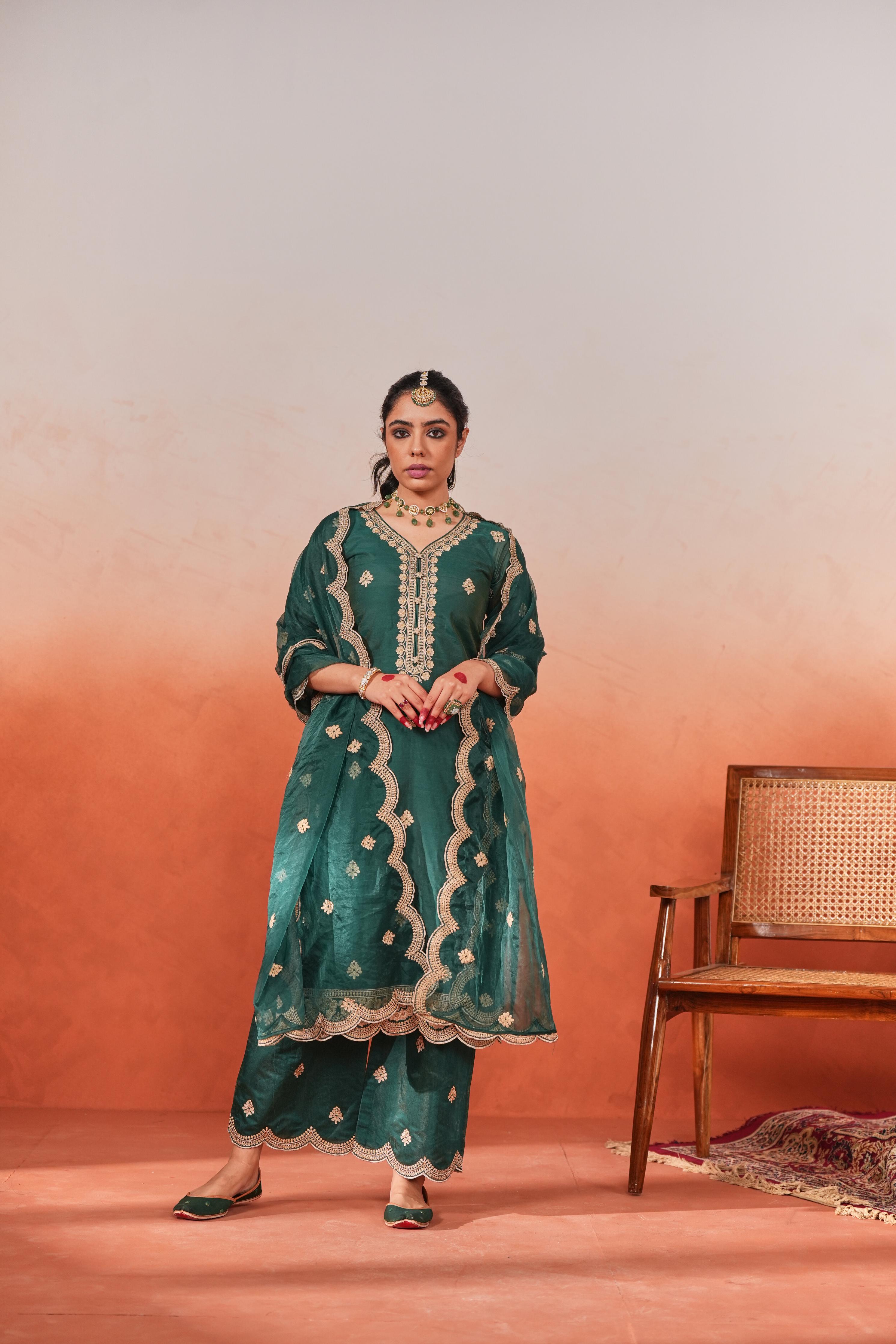 Anam Darbar in Taazgi - Green Embroidered Chanderi Suit Set