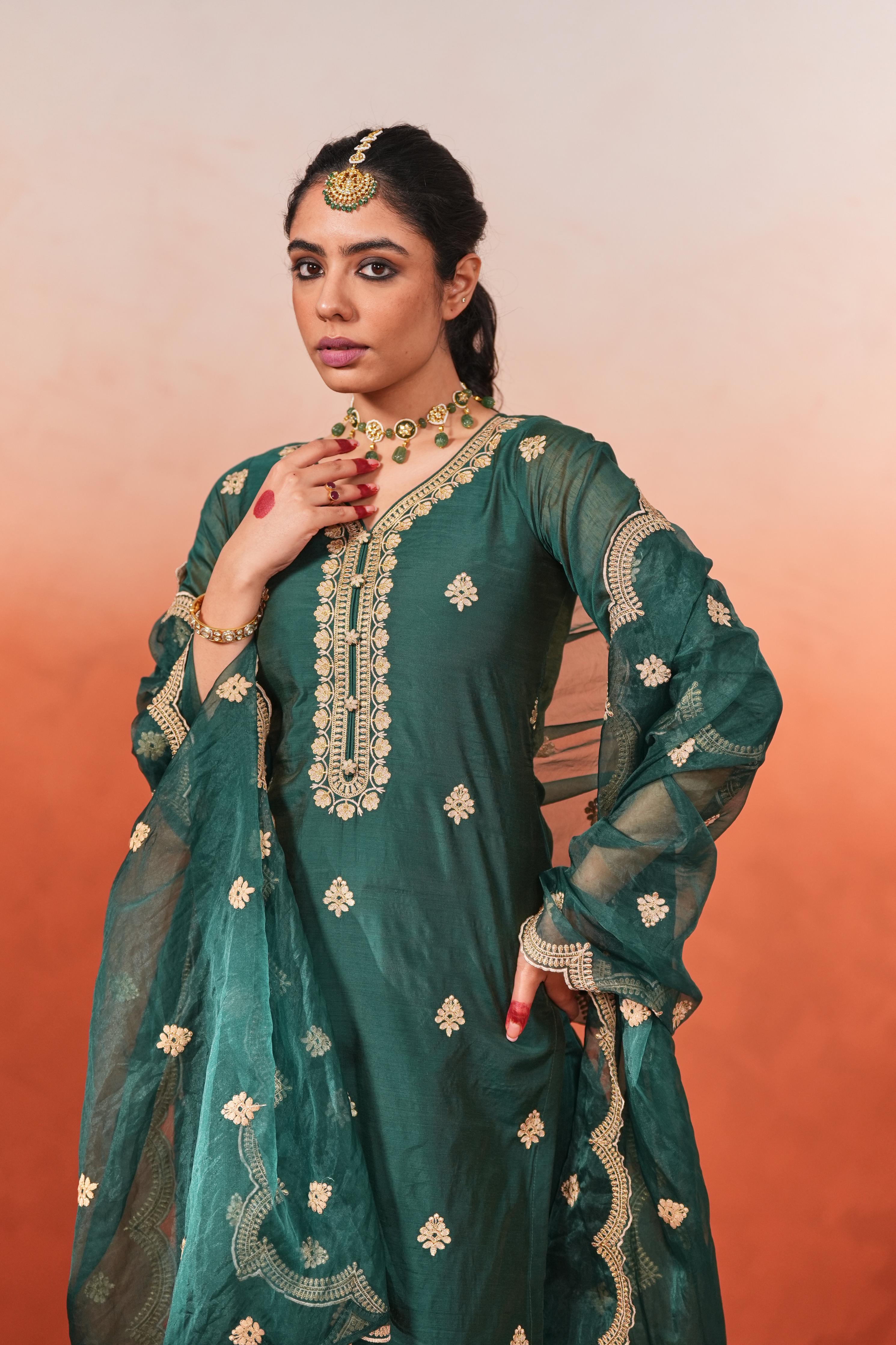 Taazgi - Green Embroidered Chanderi Suit Set