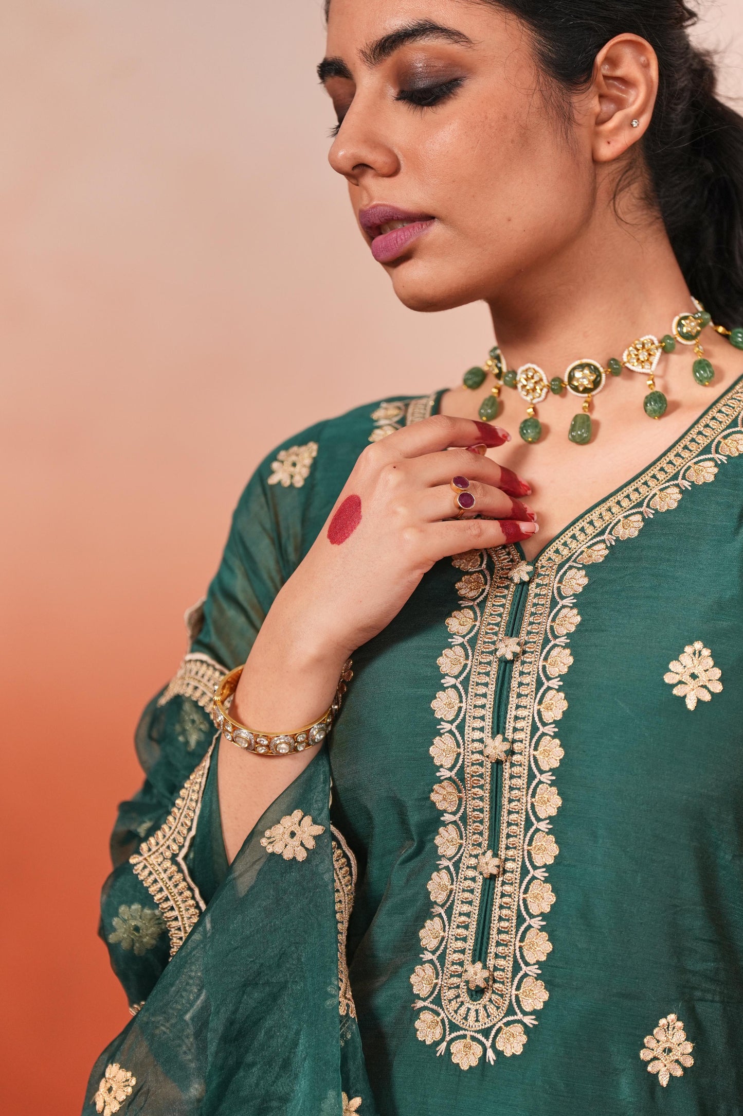 Rubal Wadhwa in Taazgi - Green Embroidered Chanderi Suit Set