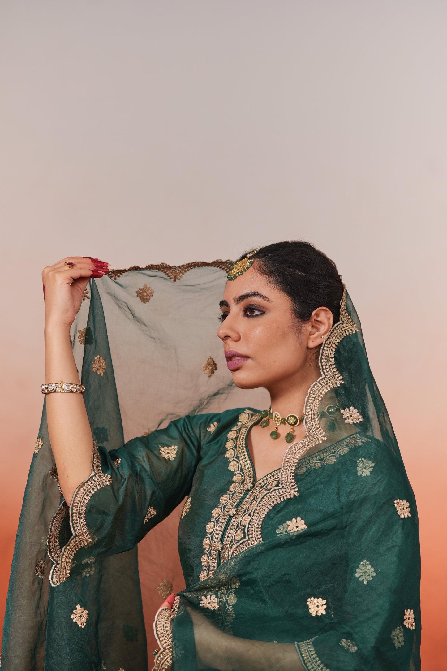 Taazgi - Green Embroidered Chanderi Suit Set