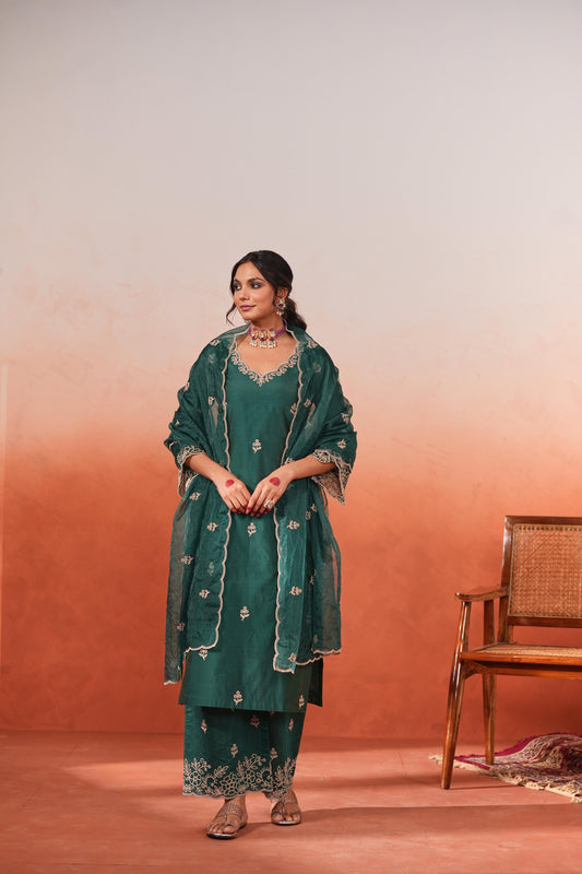Suroor - Green Chanderi Embroidered Suit Set