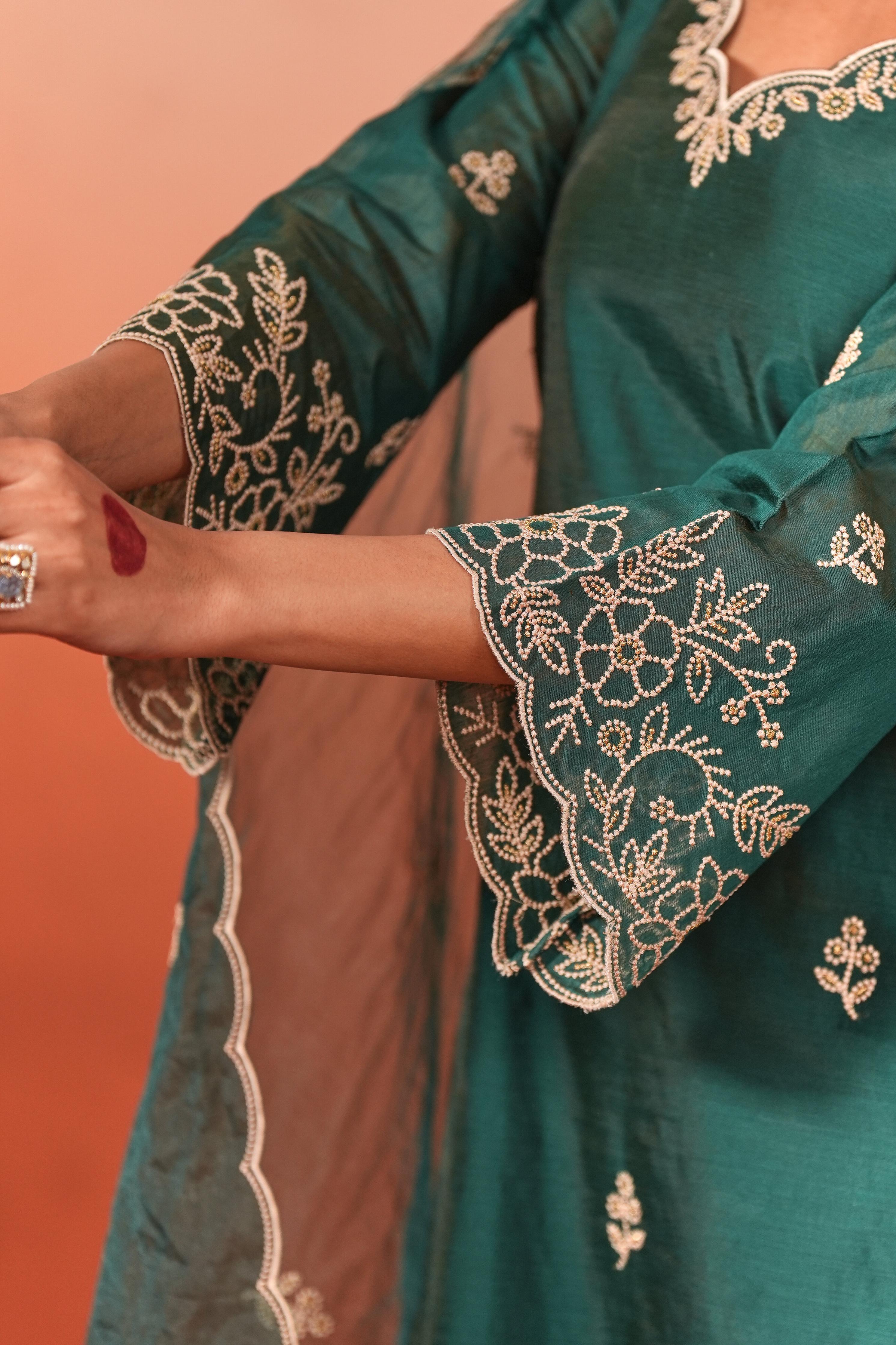 Nauheed Cyrusi in Suroor - Green Chanderi Embroidered Suit Set