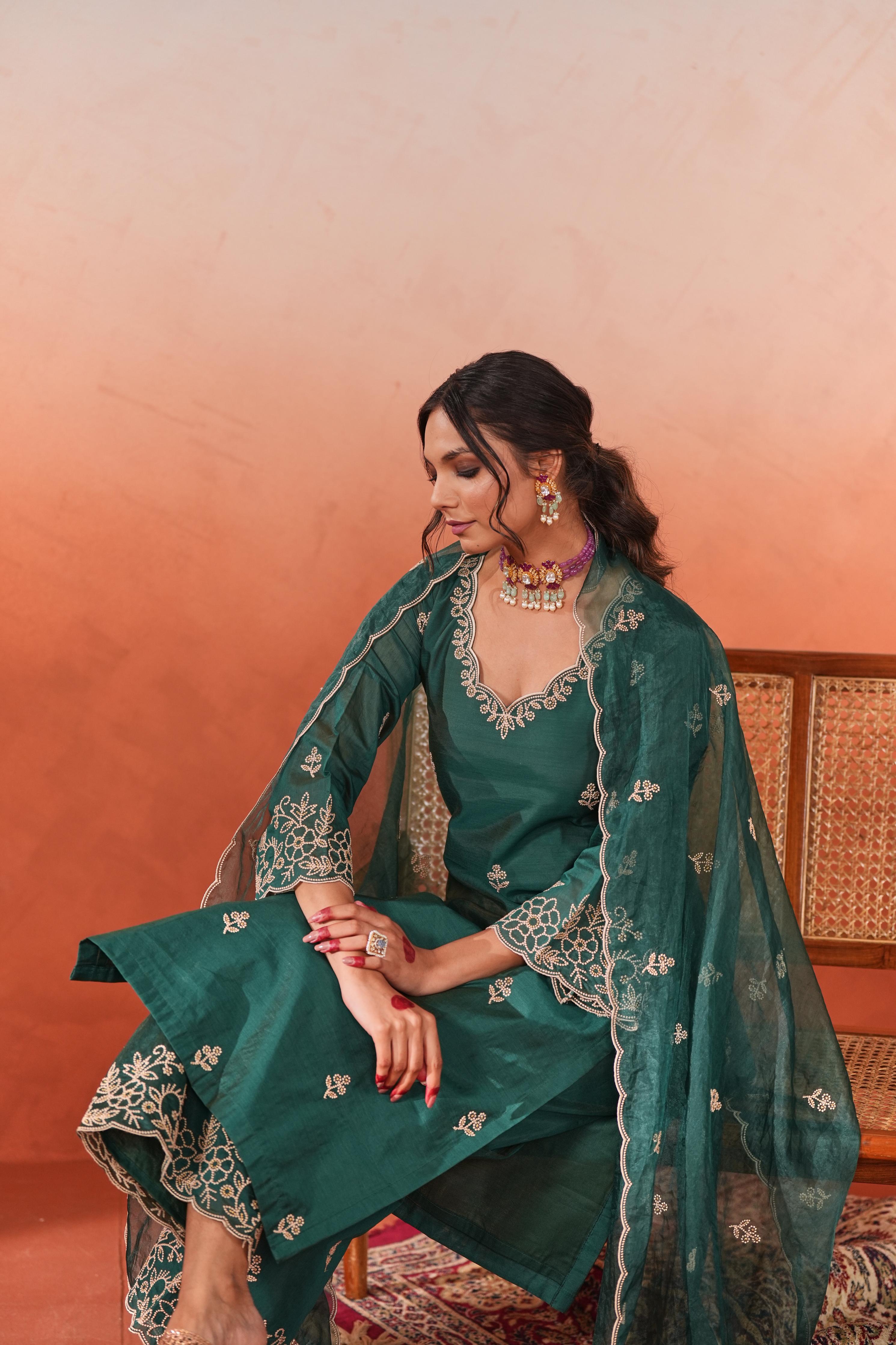 Suroor - Green Chanderi Embroidered Suit Set