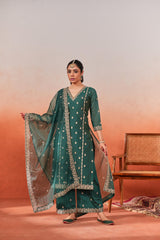 Gul-o-rang - Green Chanderi Embroidered Suit Set