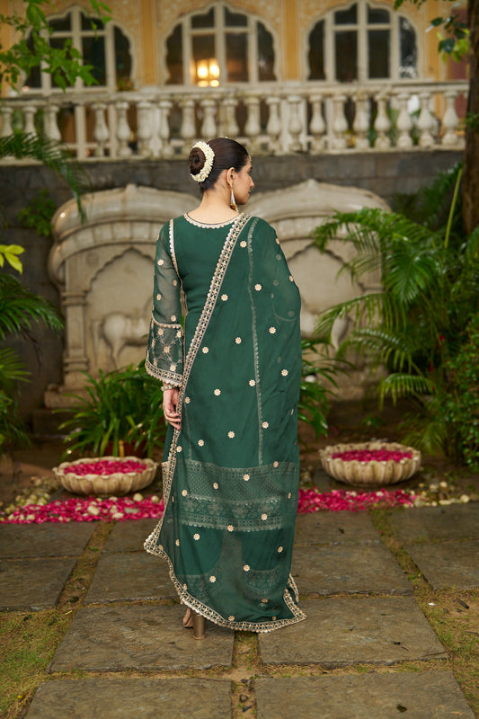 ISHITA - Green Organza A-line Suit Set