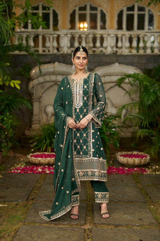 ISHITA - Green Organza A-line Suit Set