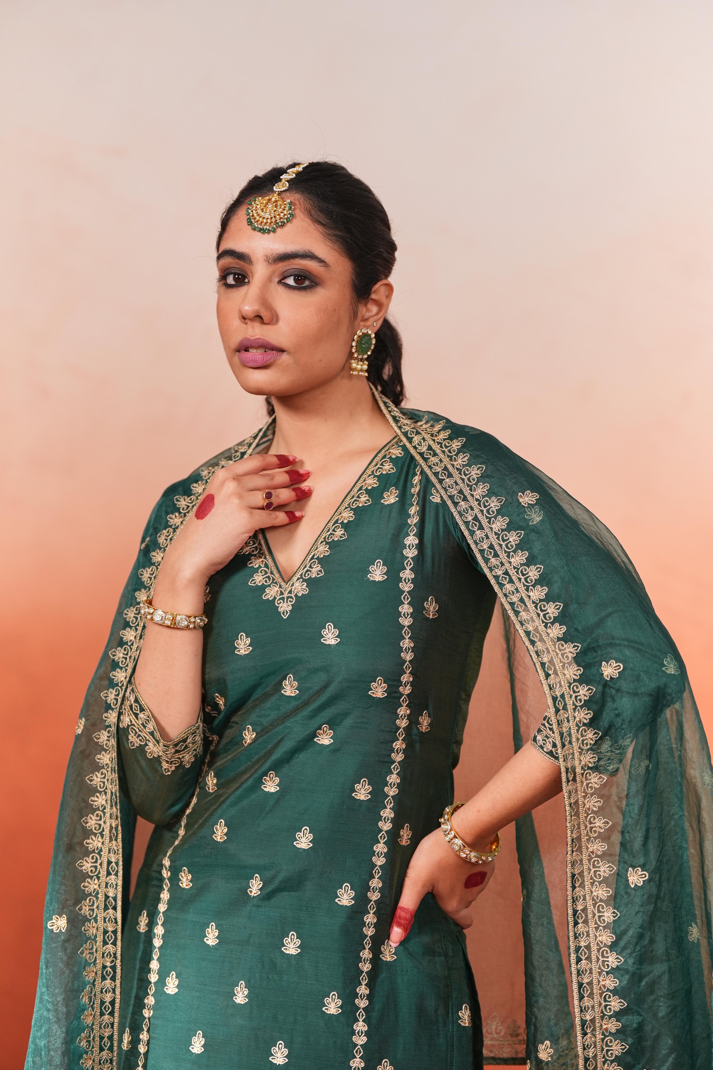 Gul-o-rang - Green Chanderi Embroidered Suit Set