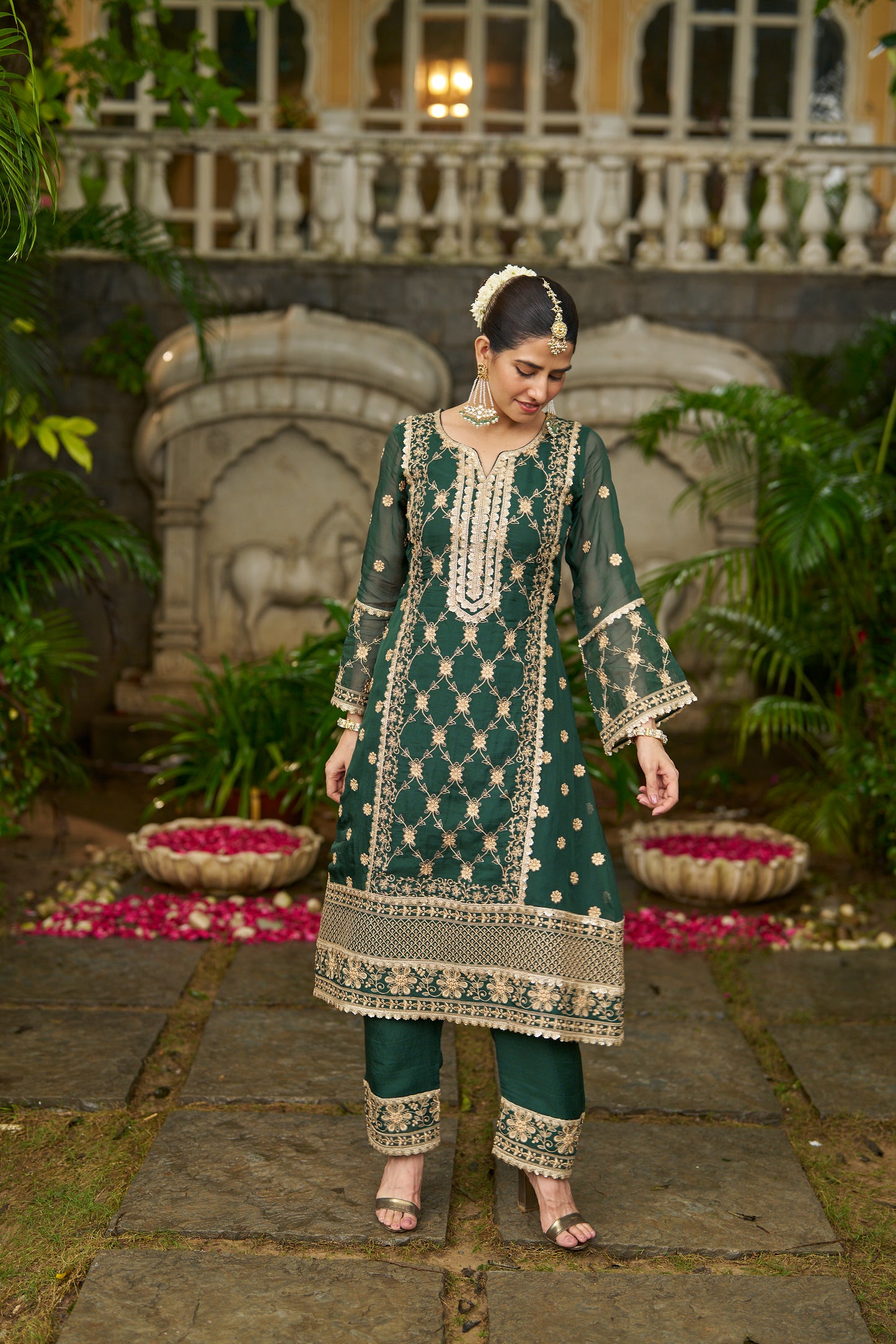 ISHITA - Green Organza A-line Suit Set