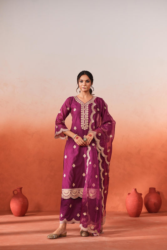 Raatrani - Wine Embroidered Chanderi Suit Set
