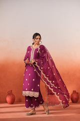 Raatrani - Wine Embroidered Chanderi Suit Set