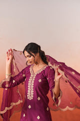 Raatrani - Wine Embroidered Chanderi Suit Set