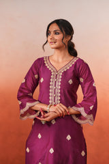 Raatrani - Wine Embroidered Chanderi Suit Set