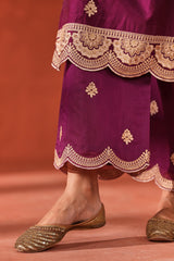 Raatrani - Wine Embroidered Chanderi Suit Set