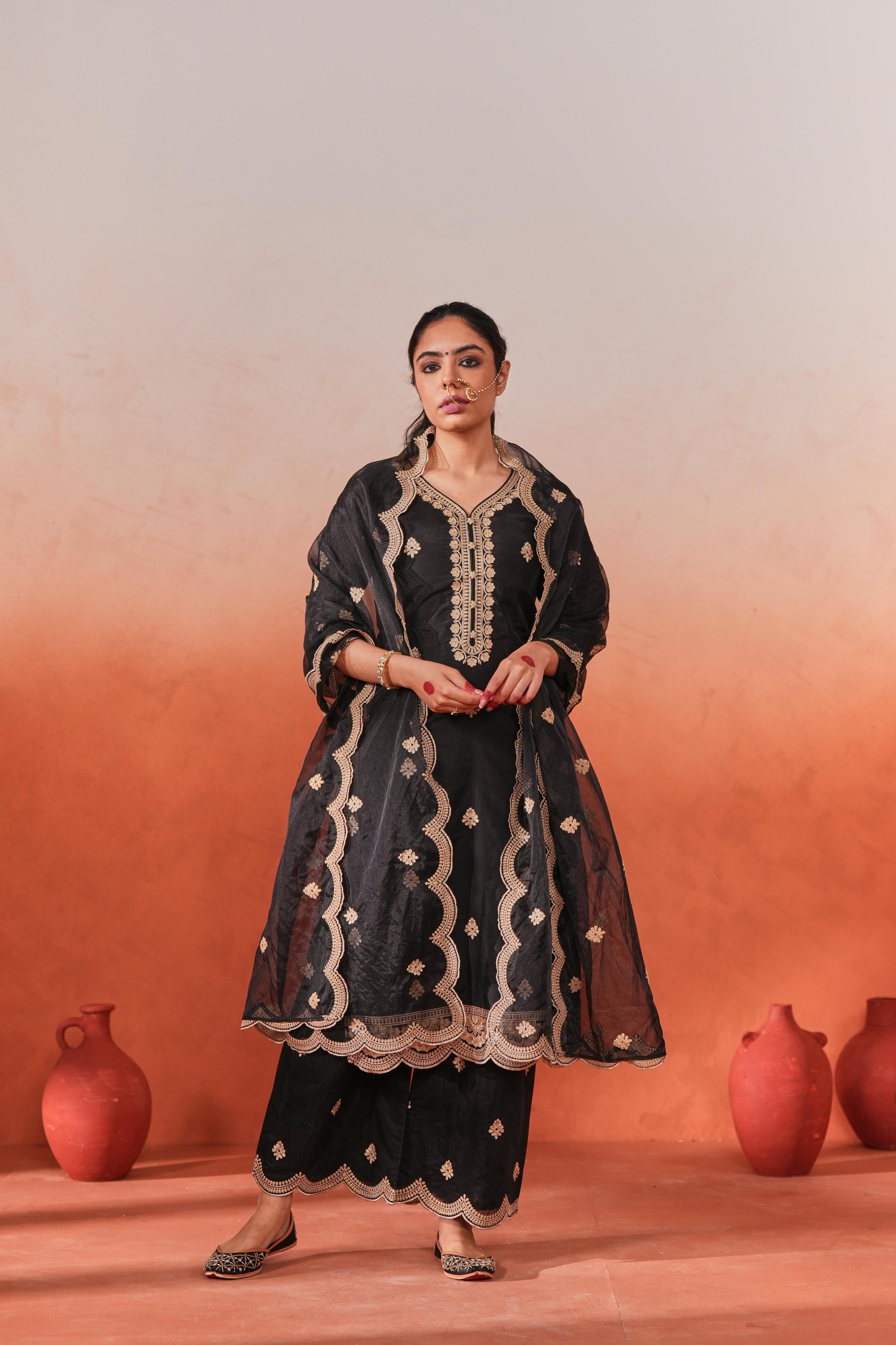 Deviya Singh in Rangraas - Black embroidered chanderi silk suit set