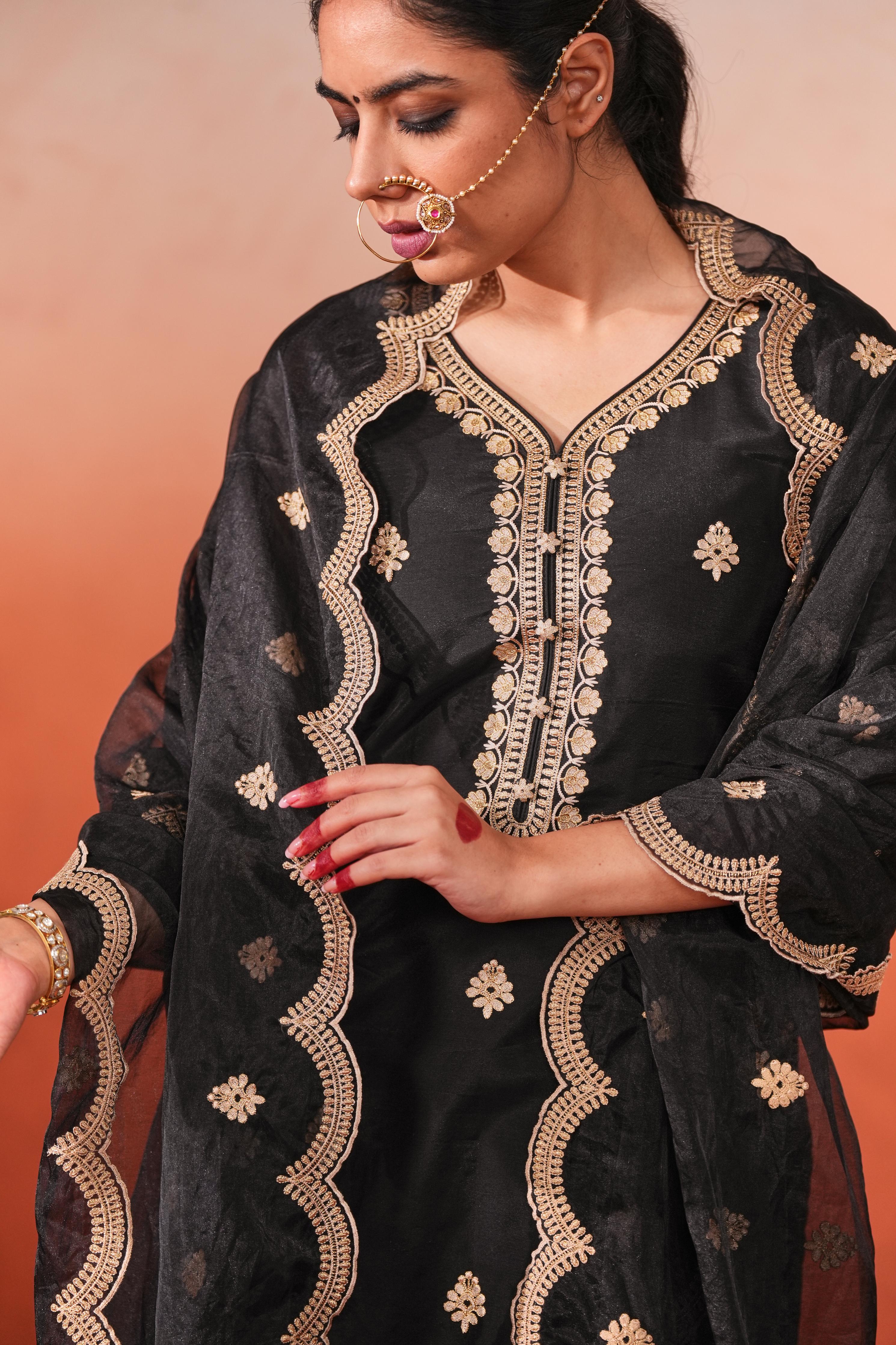 Deviya Singh in Rangraas - Black embroidered chanderi silk suit set