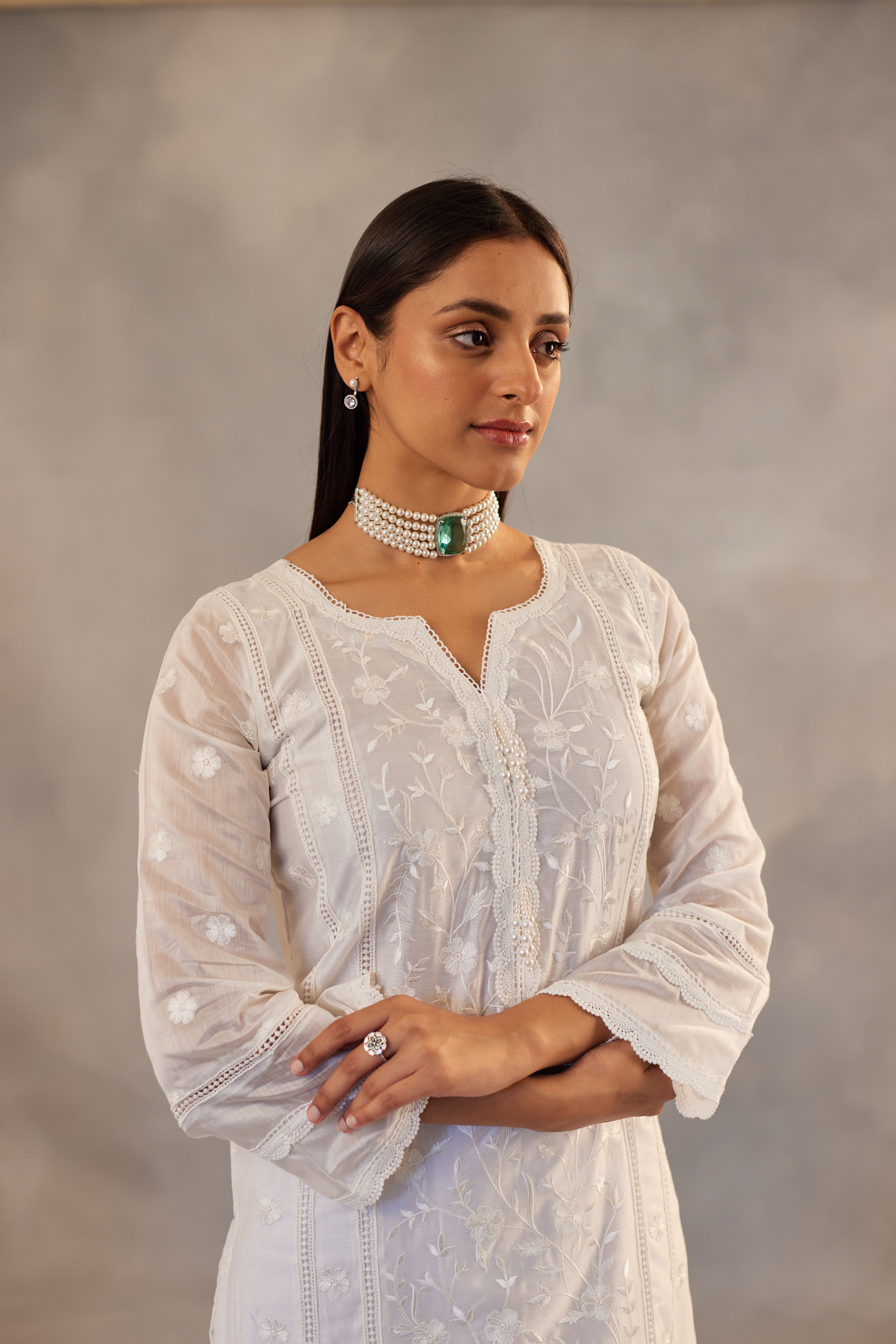 Hansika Motwani in Motiya - Egg White Embroidered Suit Set.