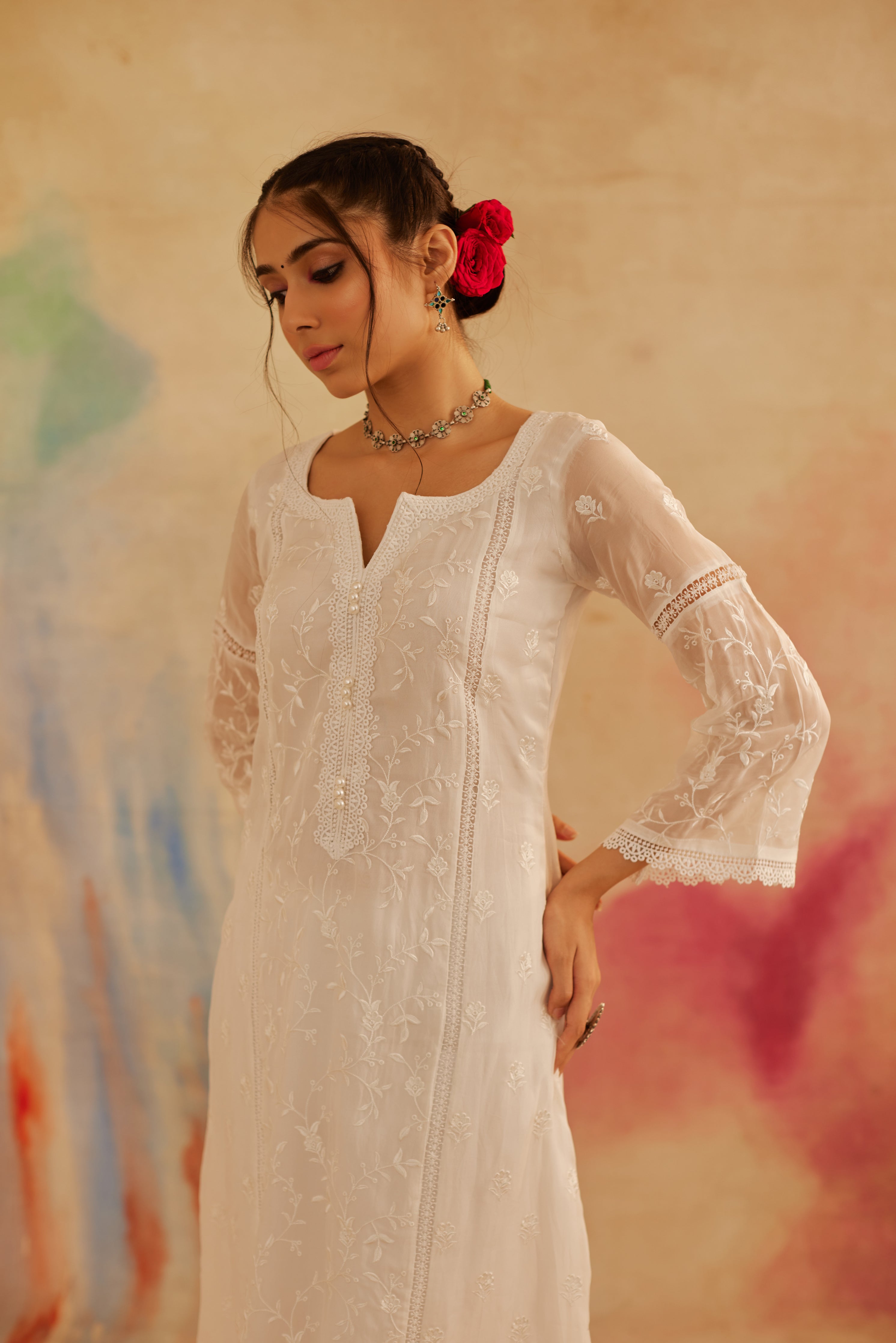 Krishna Mukherjee in in Aseem Ivory White Embroidered A-Line Suit Set