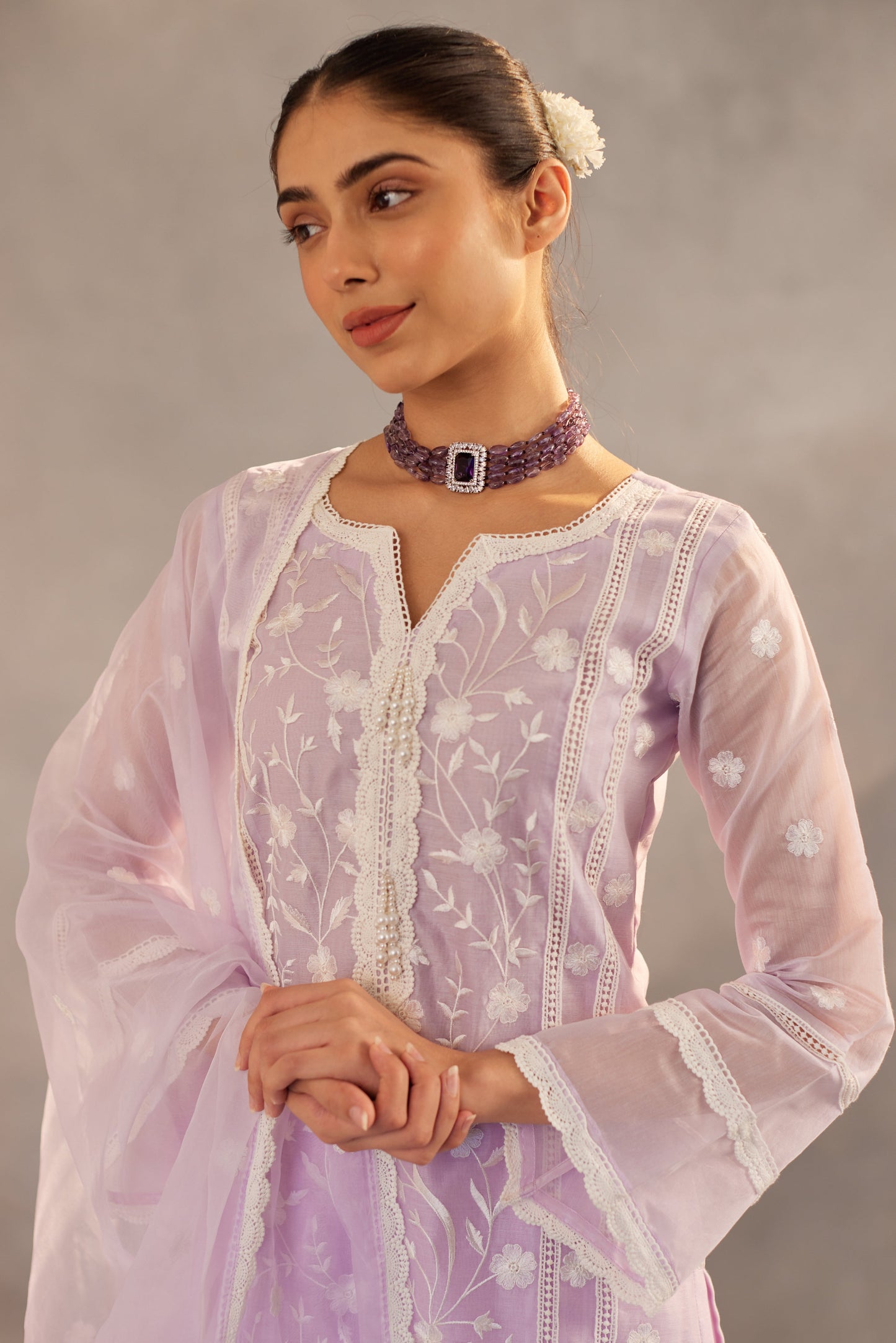 Tridha Choudhary in Kalgi - Lavender Embroidered Suit Set.