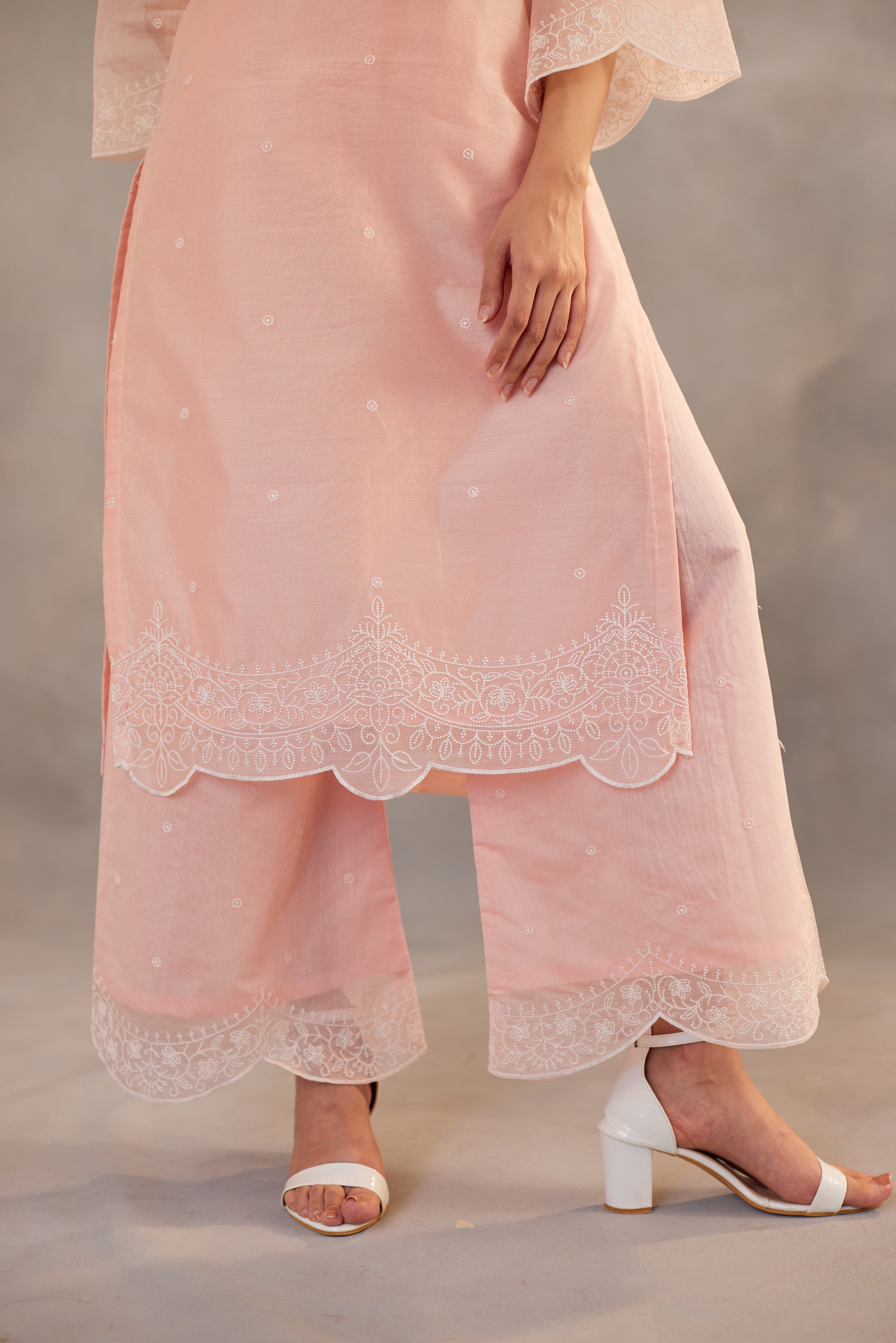 Diksha Juneja in Kamal - Peach Embroidered Suit Set.