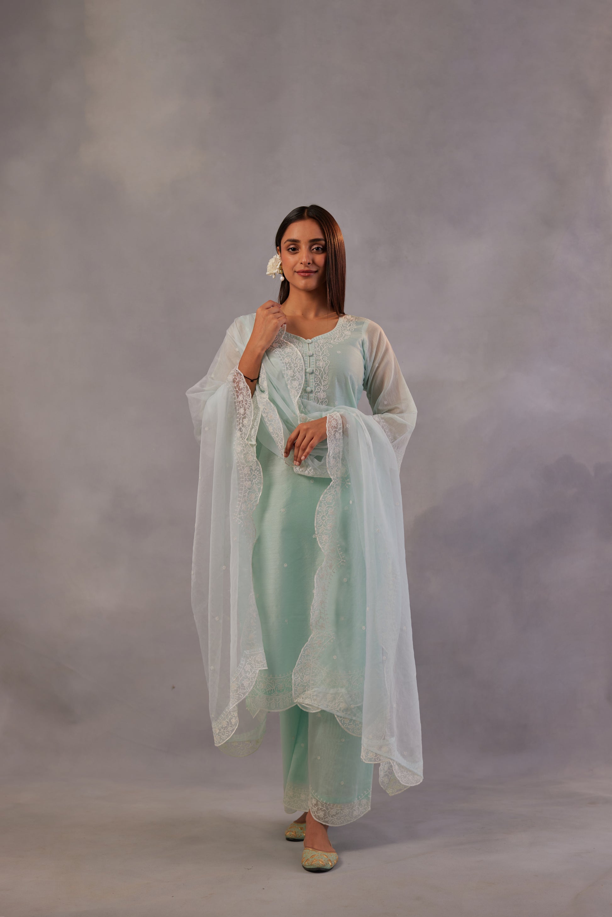 Deviya Singh in Kesar - Lavender Embroidered Suit Set.