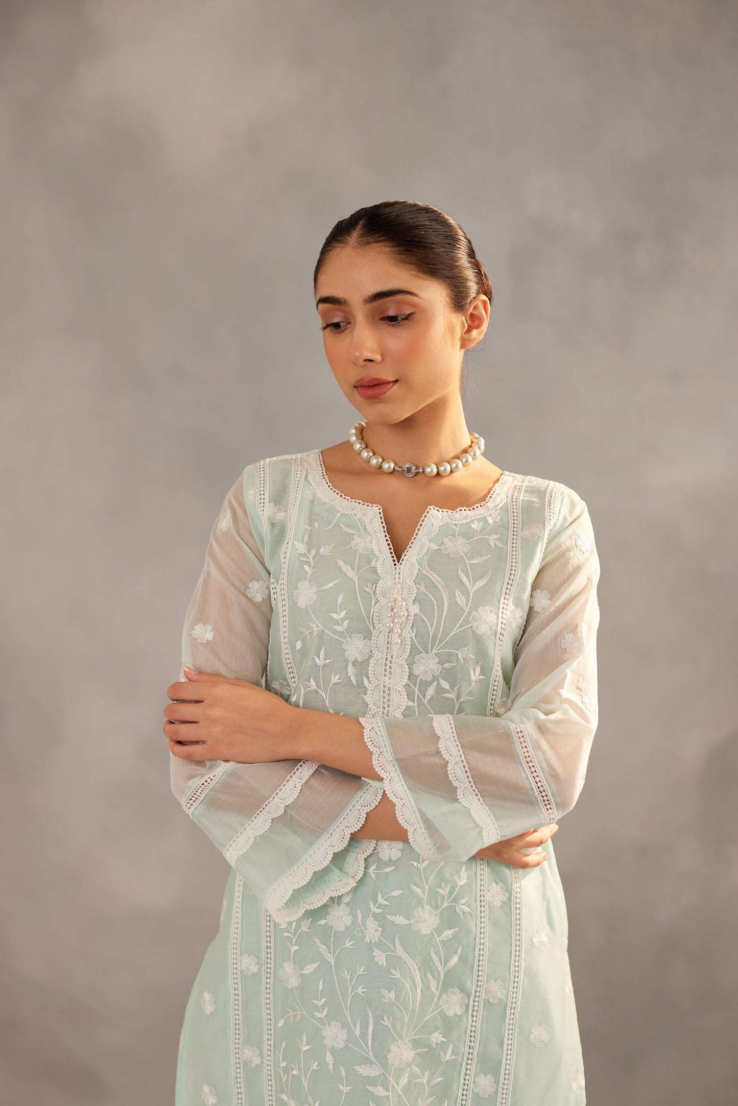 Shivaleeka Oberoi in Gulbahar - Mint Green Embroidered Suit Set