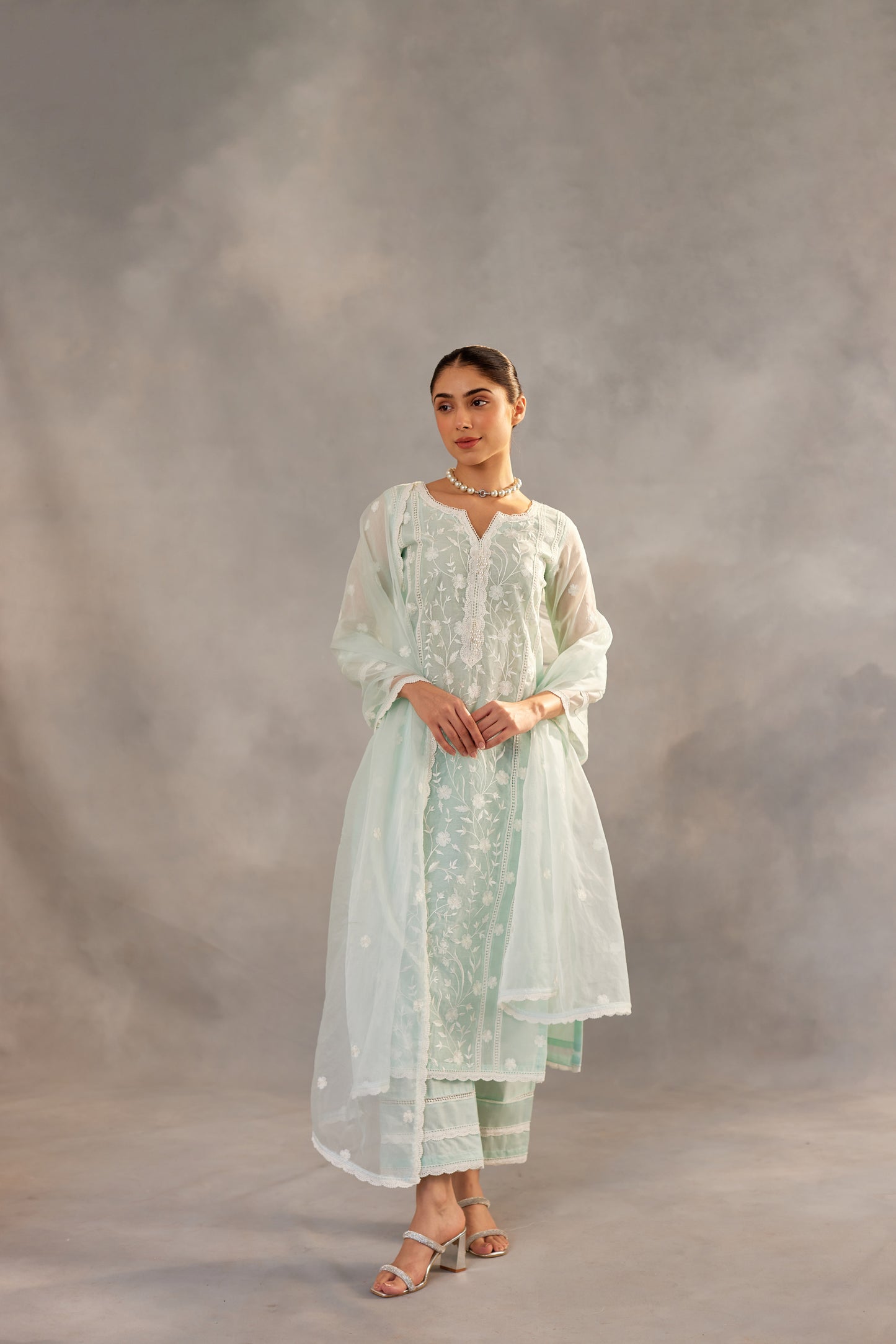 Sana Grover in Gulbahar - Mint Green Embroidered Suit Set.