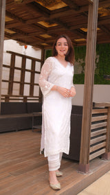 Simran Sethi in Aseem Ivory White Embroidered Straight Suit Set