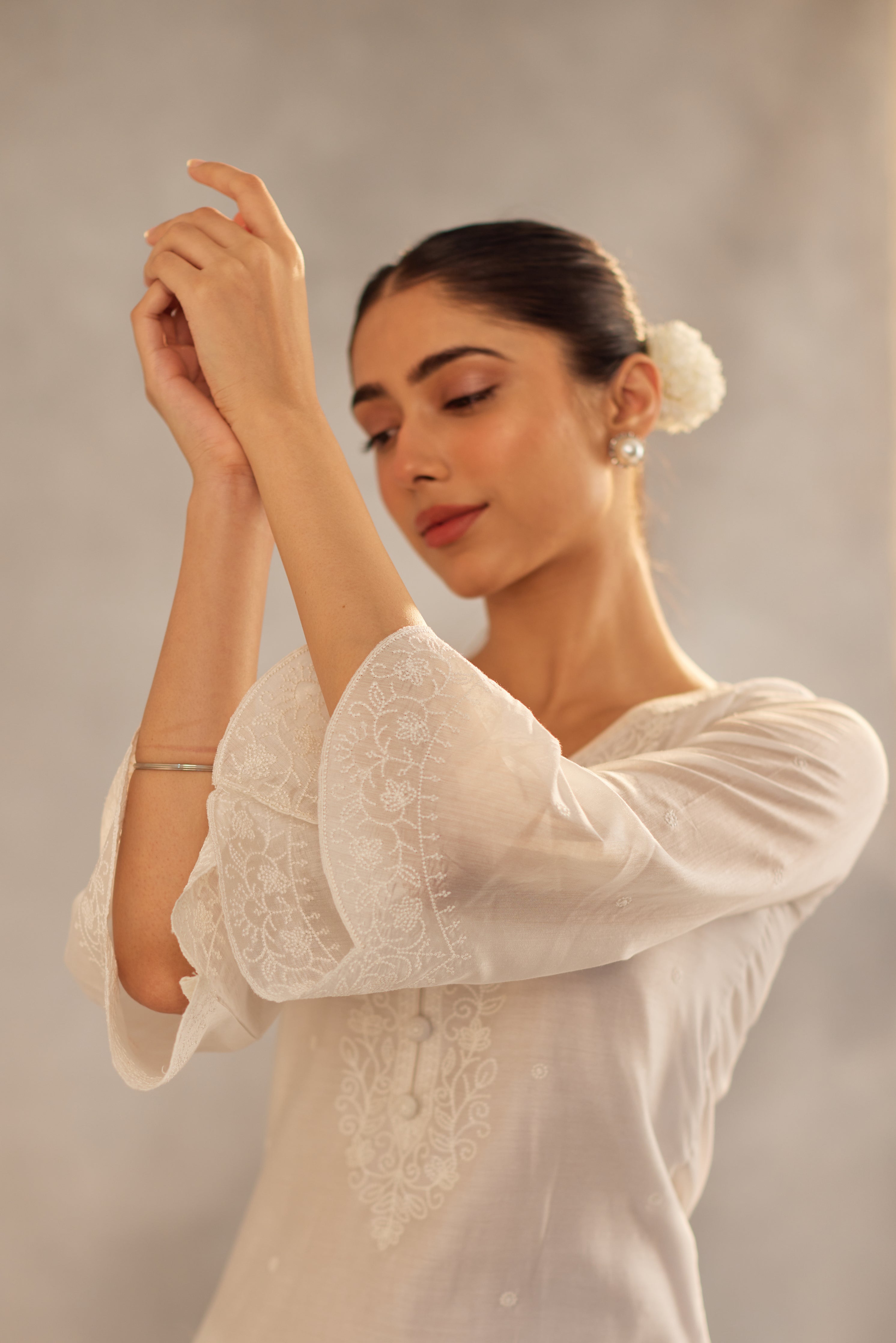 Tanya Sharma in Juhi - Egg White Embroidered Suit Set.