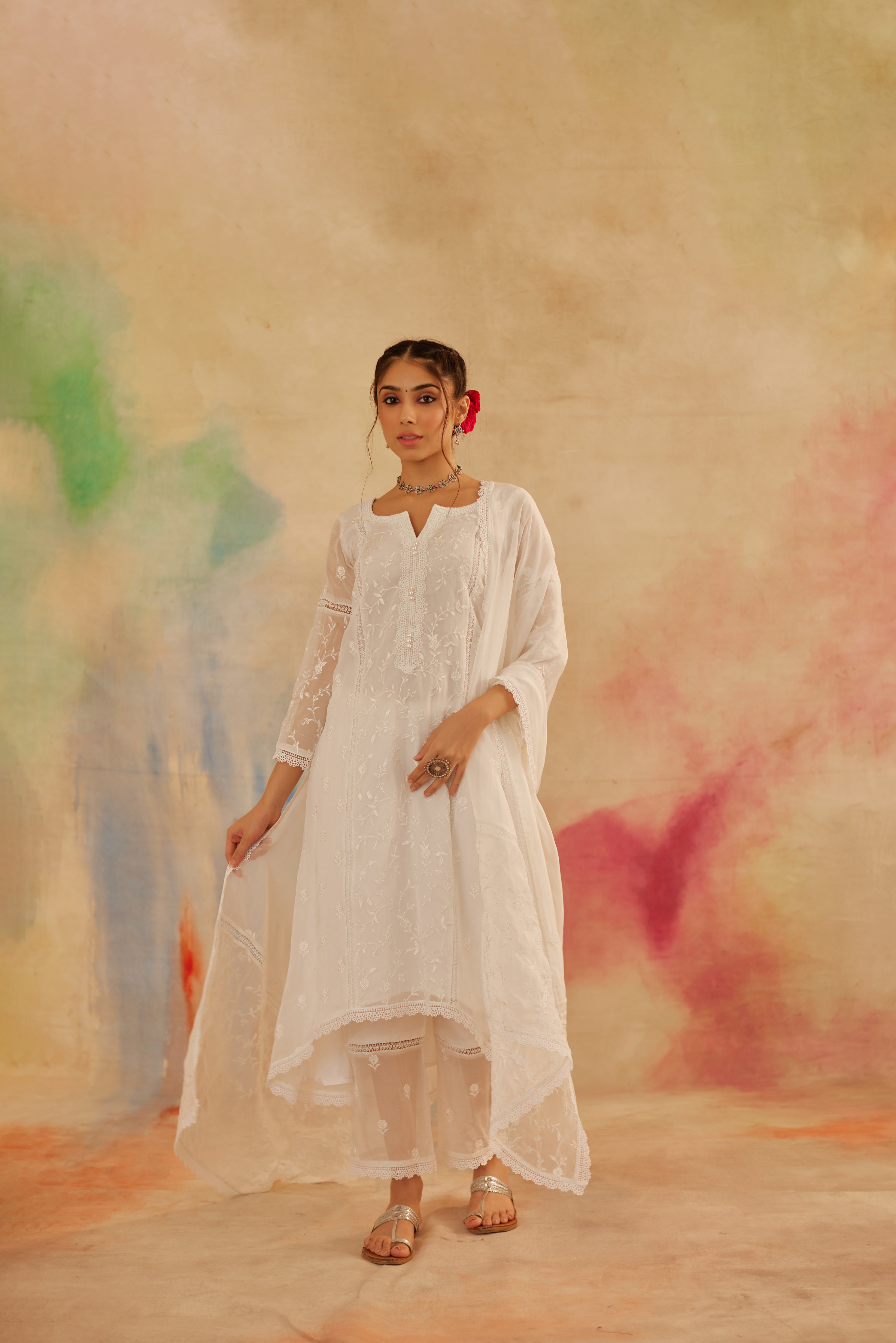 Krishna Mukherjee in in Aseem Ivory White Embroidered A-Line Suit Set