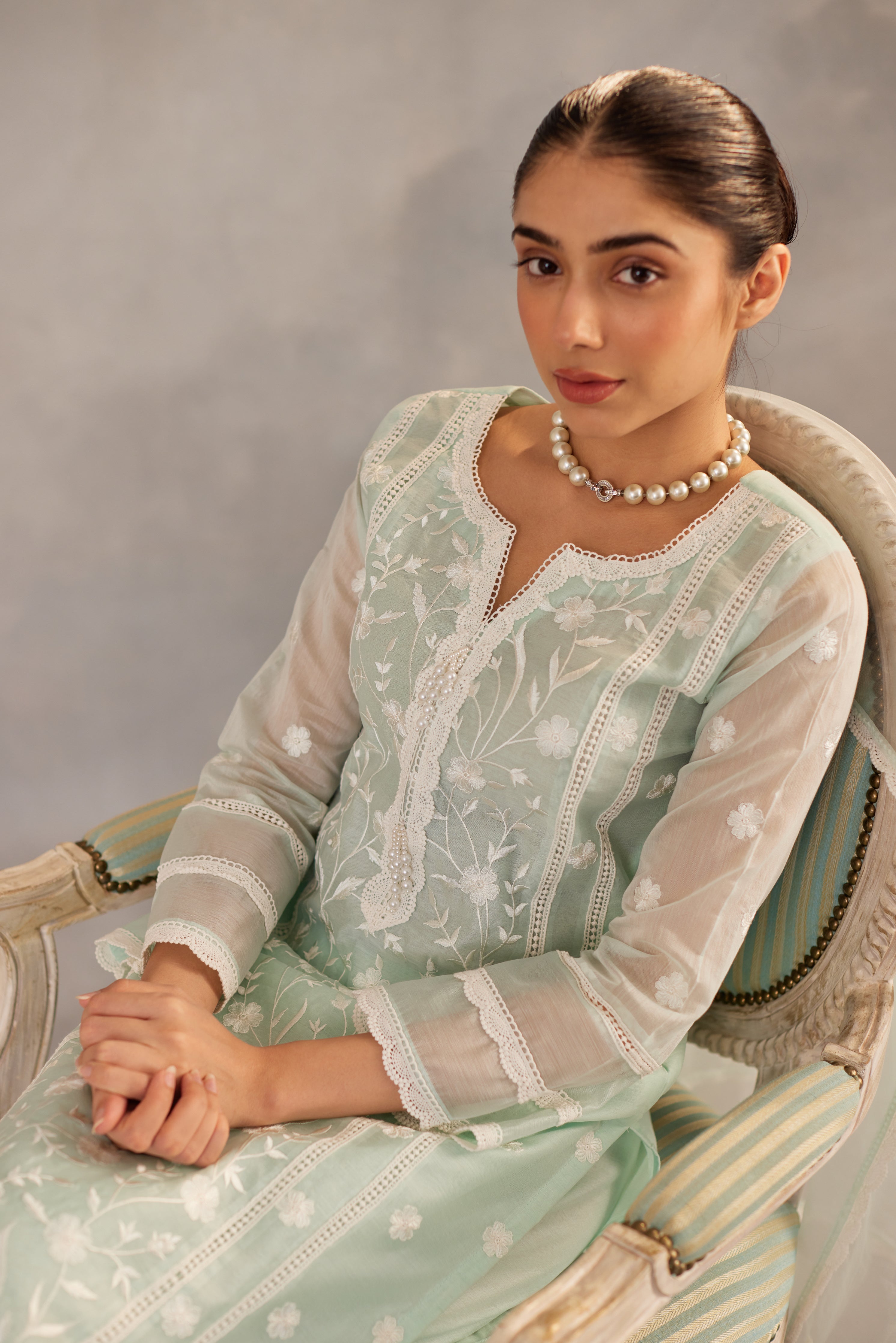 Urvashi Rautela in Gulbahar - Mint Green Embroidered Suit Set.