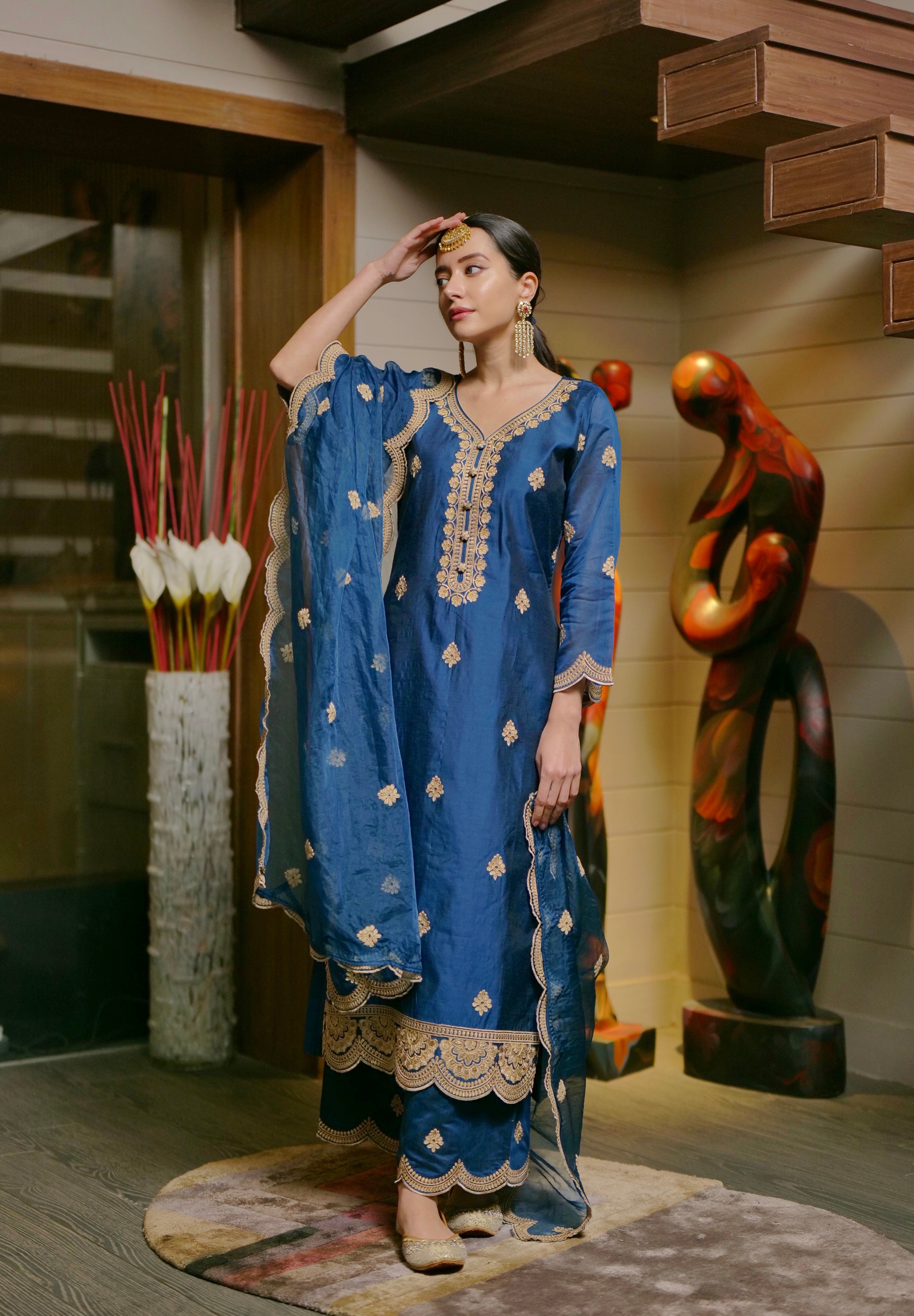 Komal Kapoor in  Gul- Blue Embroidered Chanderi Suit Set