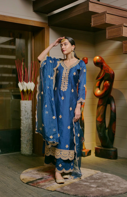 Komal Kapoor in  Gul- Blue Embroidered Chanderi Suit Set