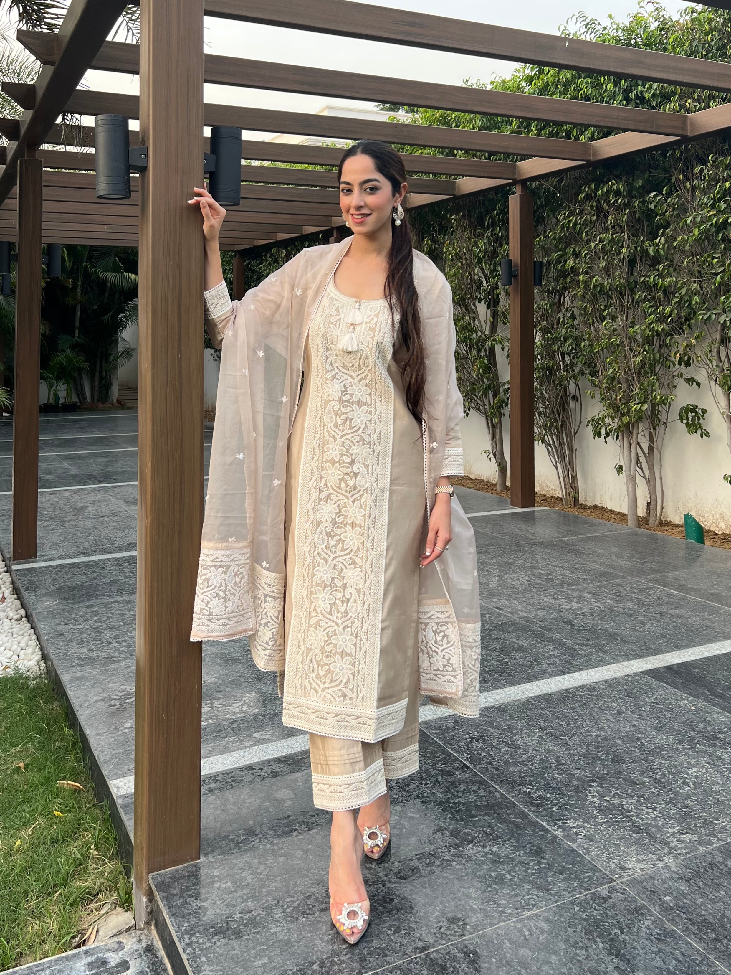 Jasnoor Anand in Hazel Beige Chanderi Suit Set