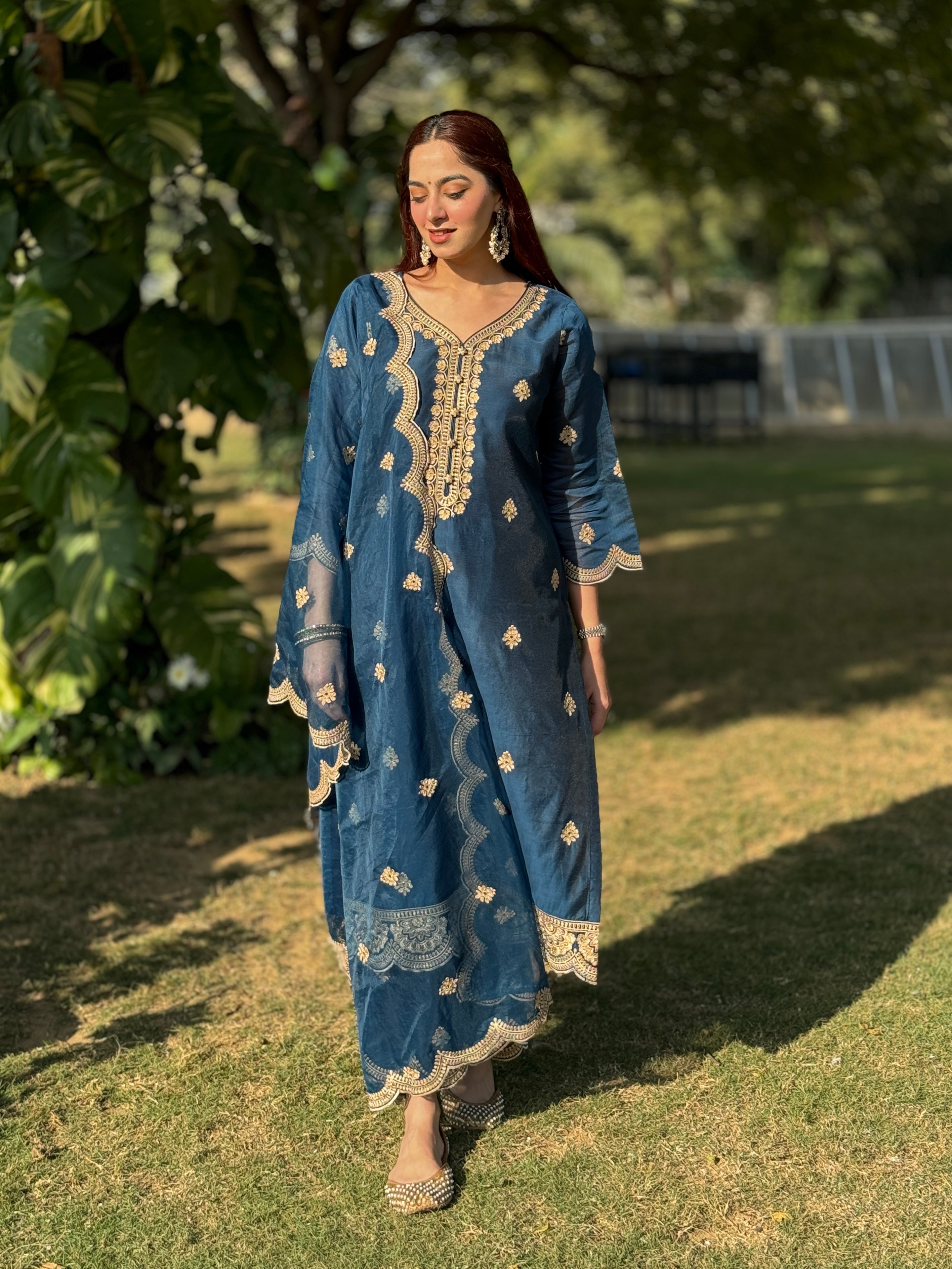 Jasnoor Anand in  Gul- Blue Embroidered Chanderi Suit Set