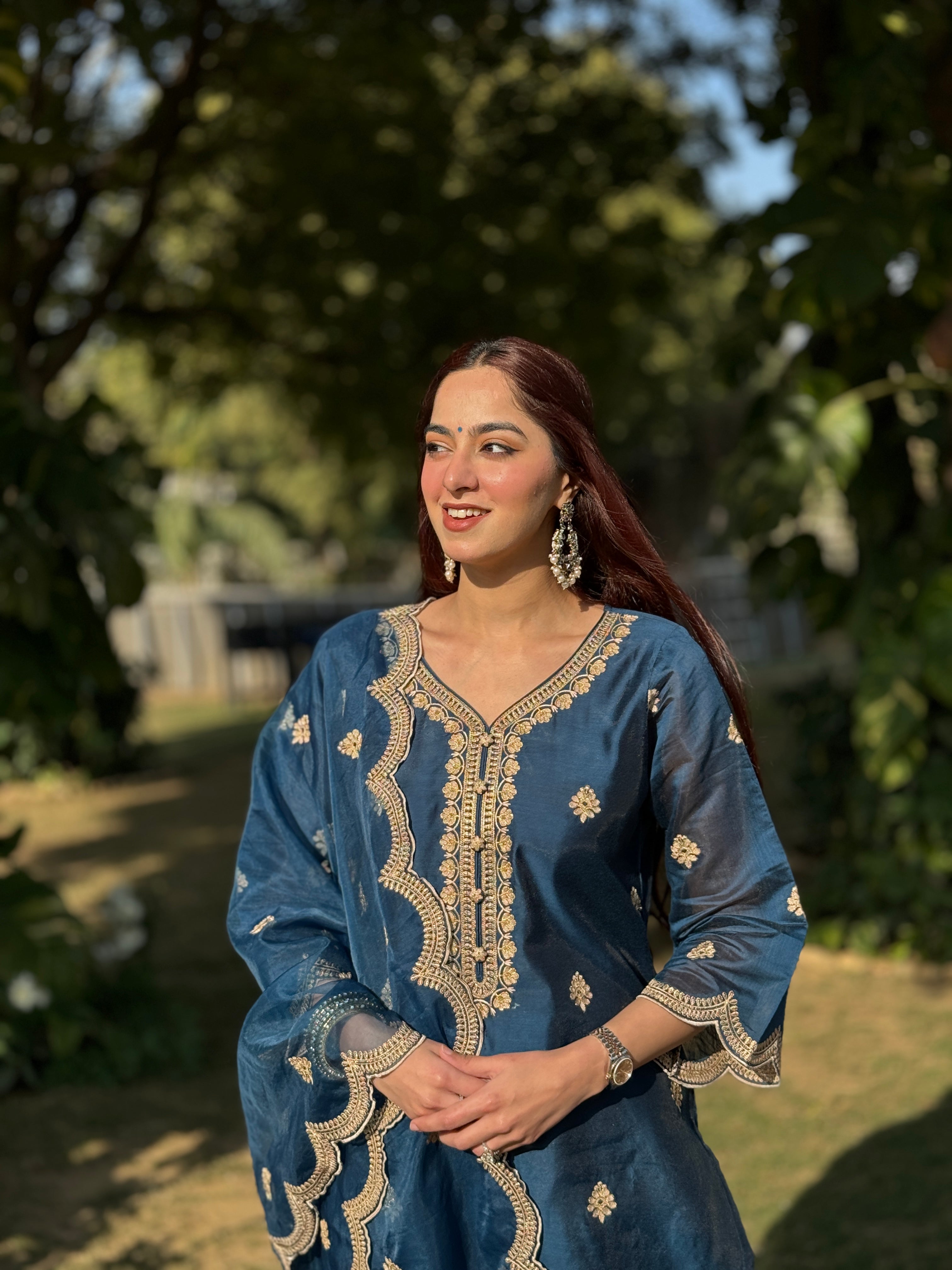 Jasnoor Anand in  Gul- Blue Embroidered Chanderi Suit Set
